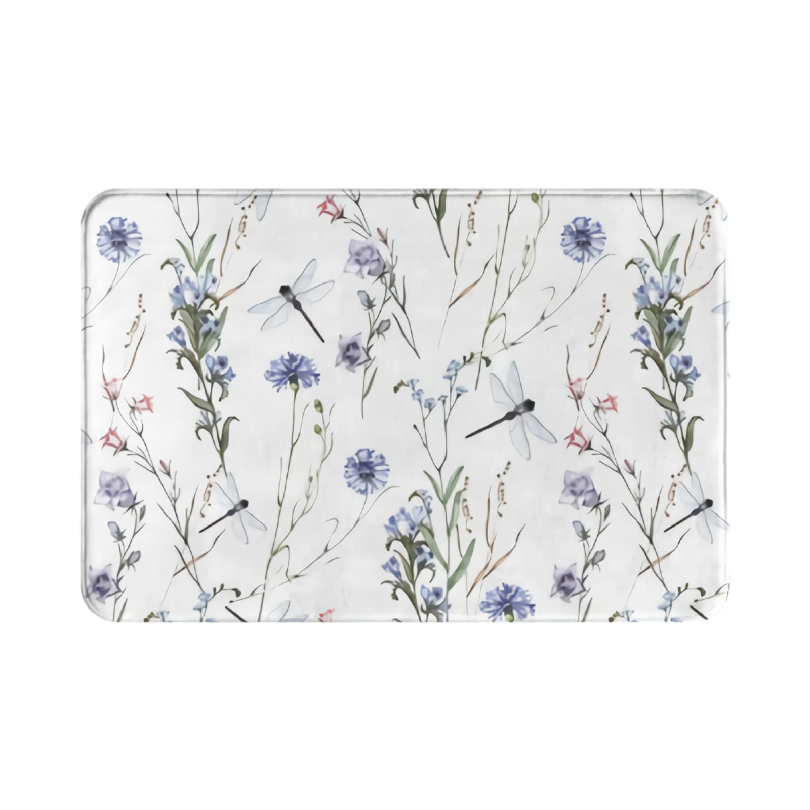 Non-Slip Flannel Watercolor Flowers & Dragonfly Bath Mat Set - 15.7x26.3 Inch Washable Abstract Floral Rug for Bathroom, Bedroom, Kitchen & Entryway - Perfect for Indoor Decor & Summer Home Refresh
