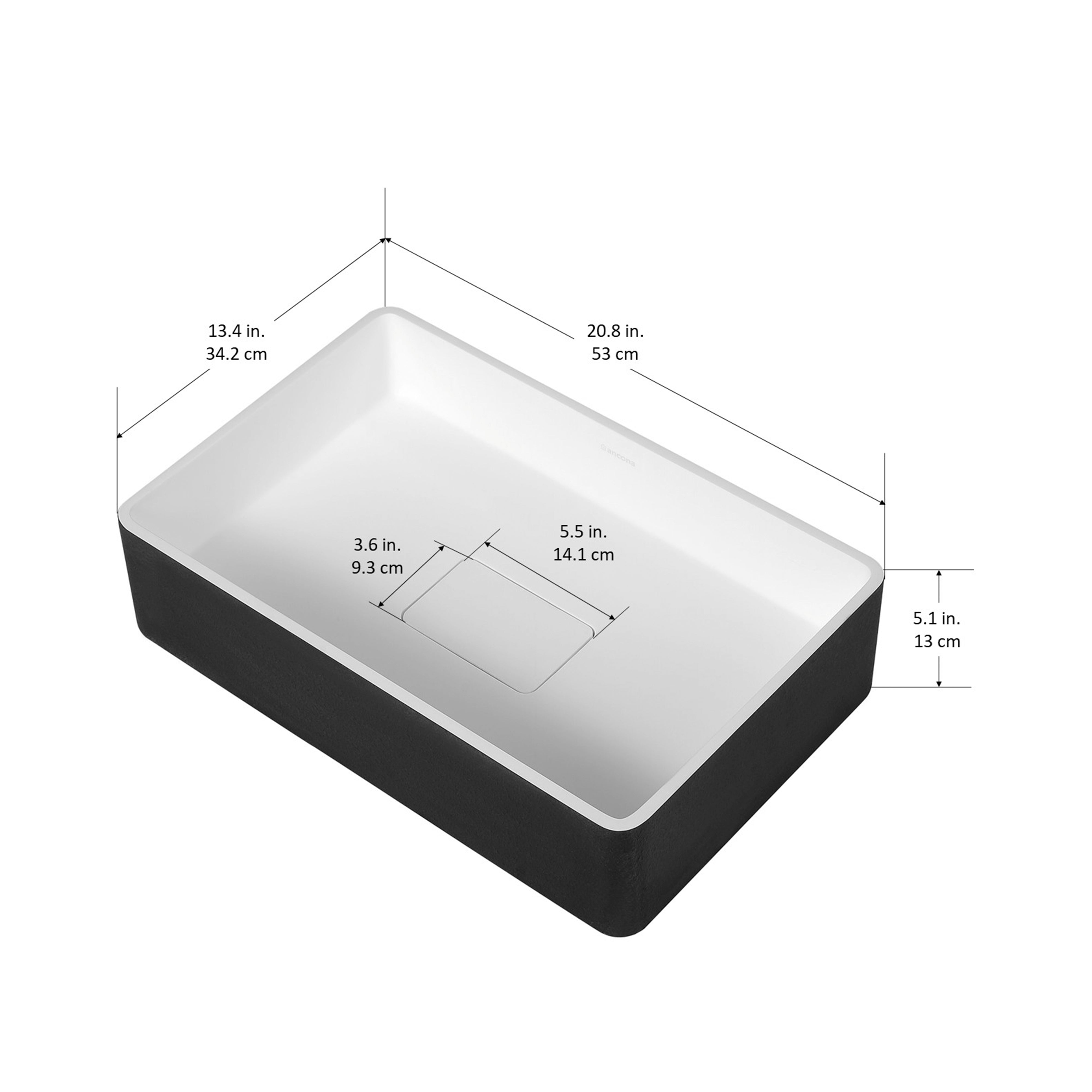 Ancona Holbrook Pure Stone Rectangular Bathroom Vessel Sink - Black & White - Modern Vanity Sink for Bathroom Remodel, Powder Room, or Luxury Master Bath