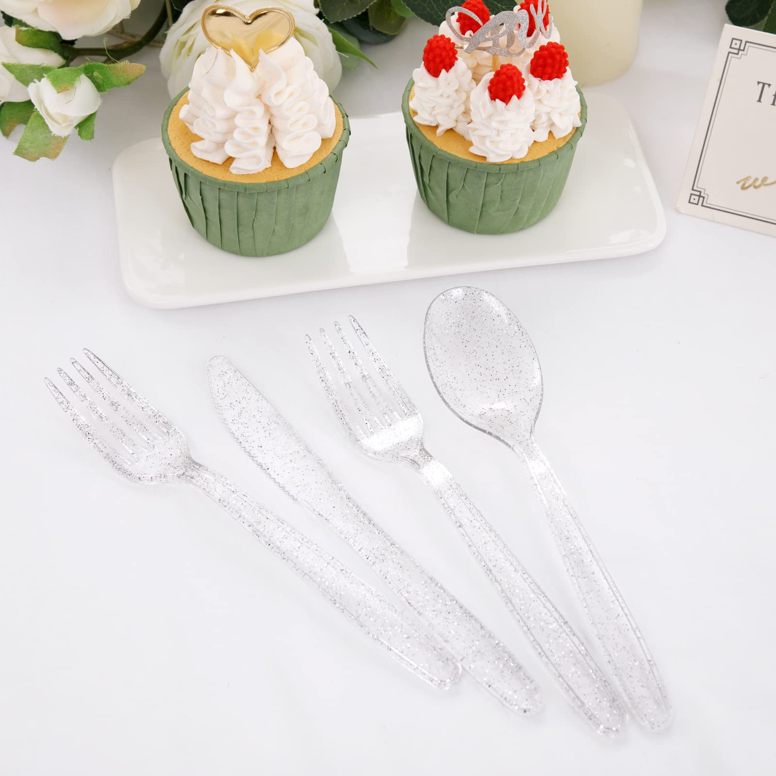 Premium WDF 360-Piece Silver Plastic Cutlery Set - Disposable Glitter Silverware Kit (120 Forks, 120 Spoons, 120 Knives) for Parties, Weddings, Events & Catering