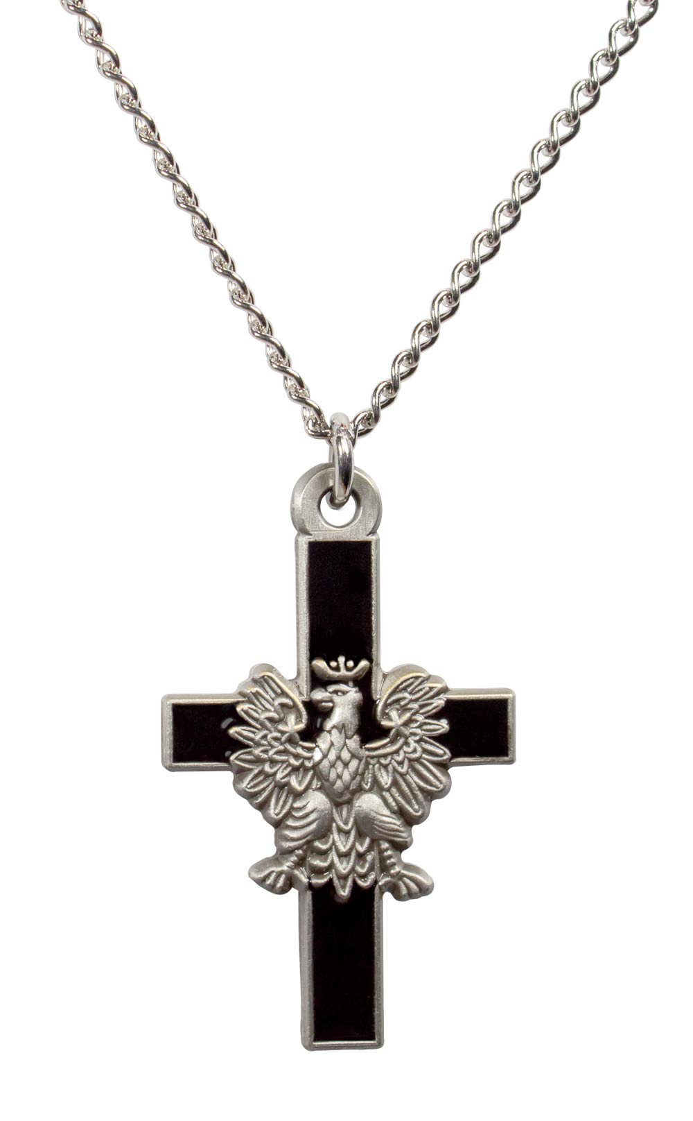 Polart Polish Black Cross Necklace with Silver Plated White Eagle & Crowned Pendant - Antique Inspired Detailed Chain Jewelry from Poland - Patriotic Unisex Necklace for Men and Women - Perfect for Gifts, National Celebrations & Cultural Events
