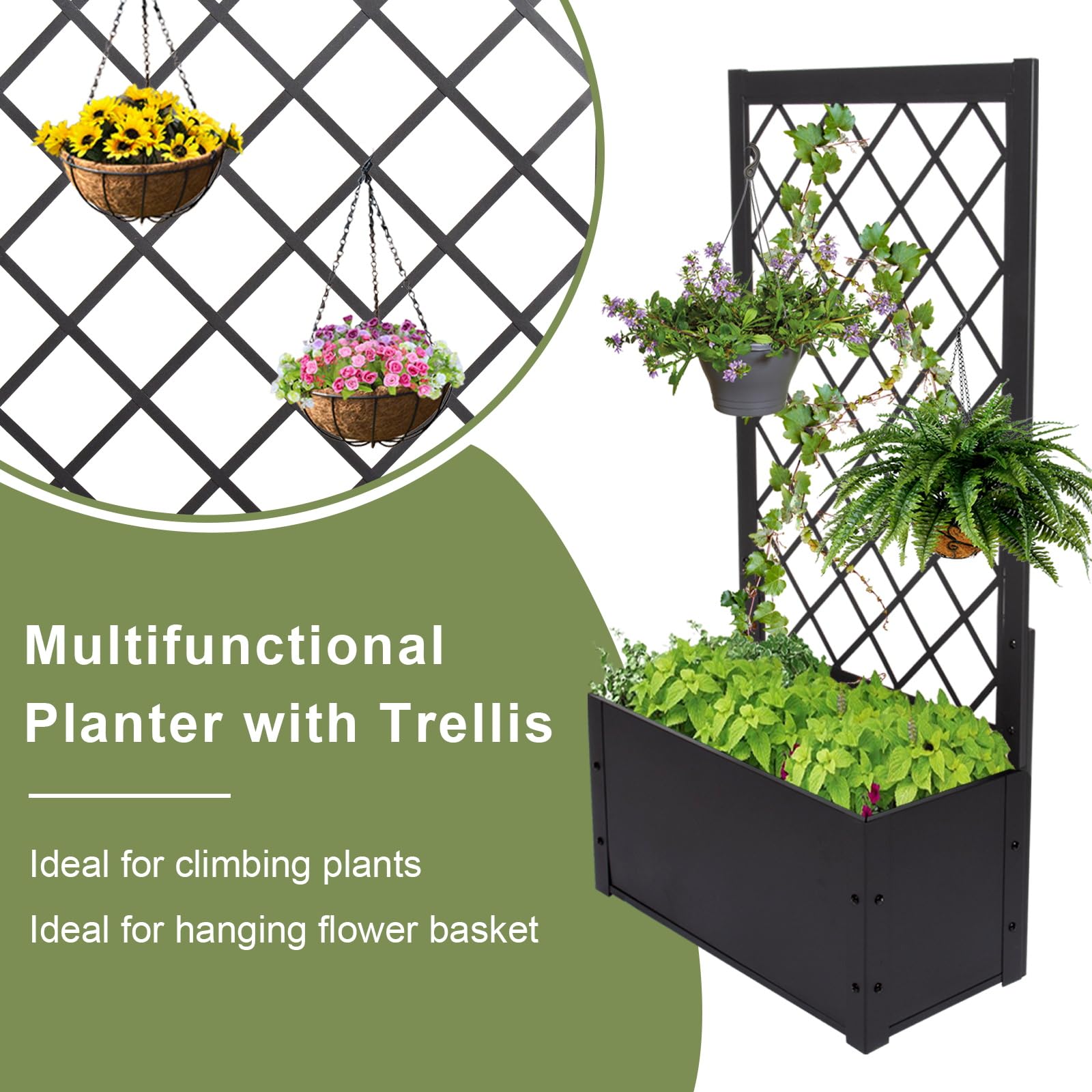 kinbor Metal Raised Garden Bed with Trellis - Set of 2 Black Outdoor Planter Boxes for Climbing Plants, Flowers, Vegetables | Perfect for Patio, Balcony & Backyard Gardening