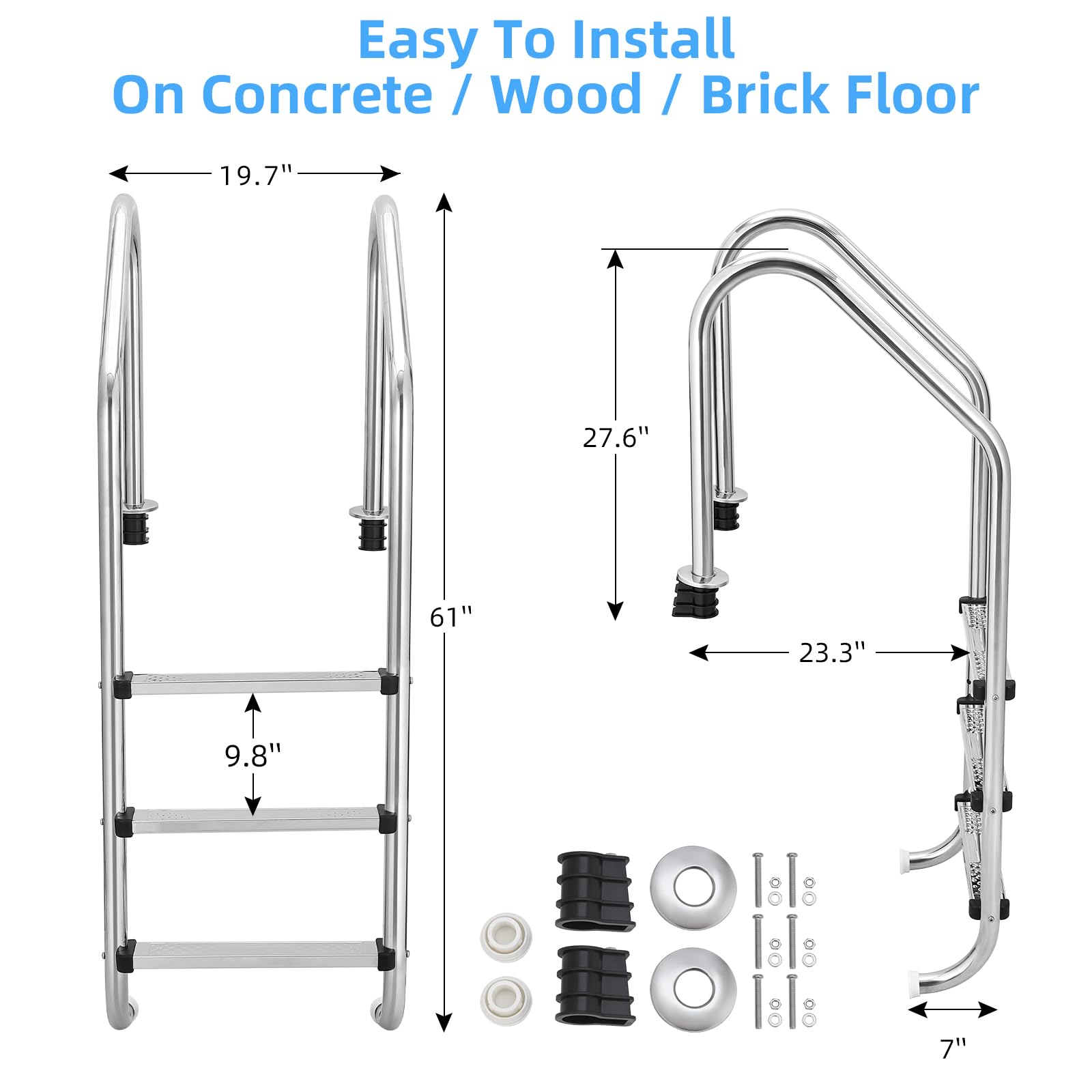 304 Stainless Steel Heavy Duty Pool Ladder with Handrails - 3 Step Above Ground Swimming Pool Entry System for Safe & Easy Access | Perfect for Inground/Above Ground Pools, Backyard Decks & Residential Swim Areas