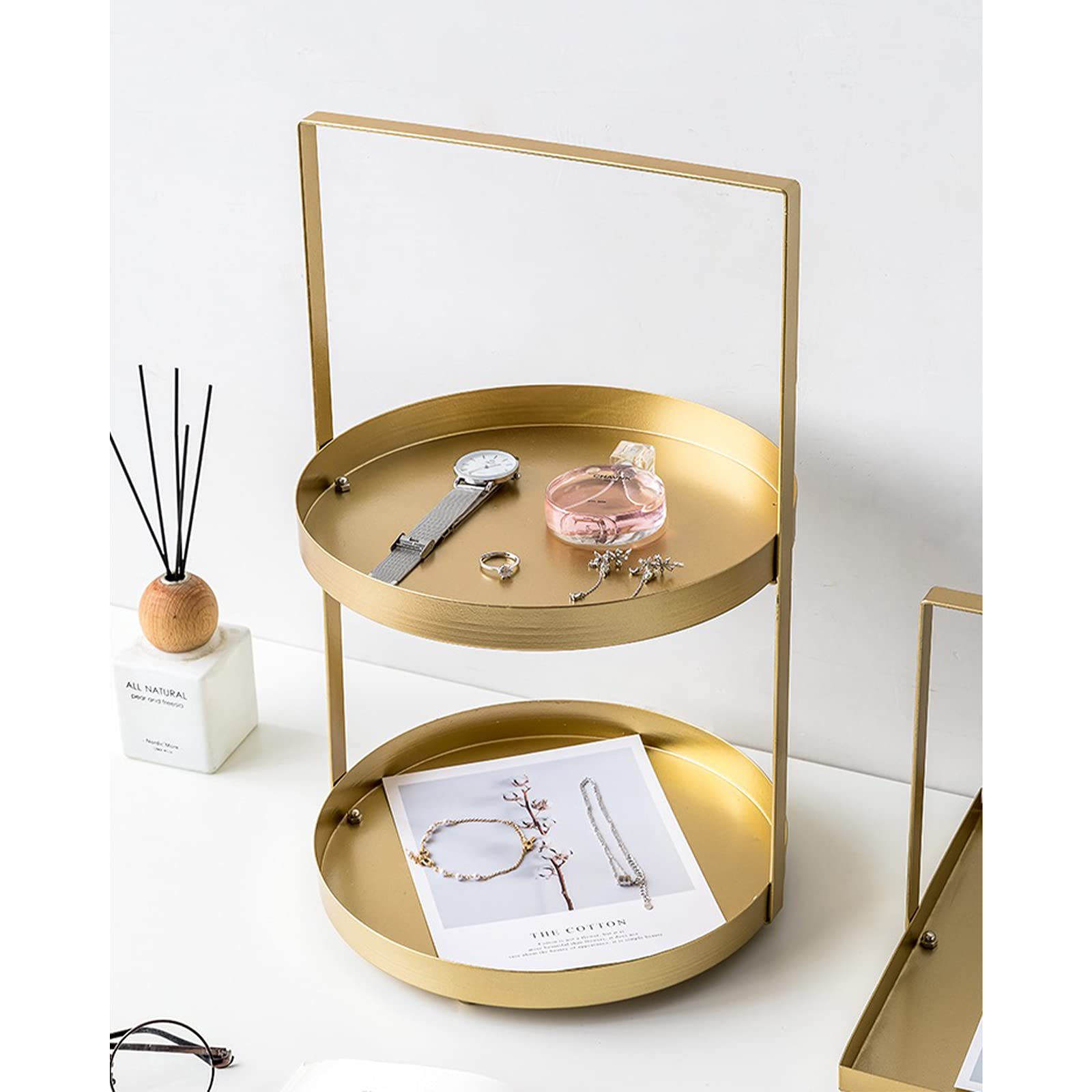 Gold Metal Makeup Organizer - Desktop Cosmetic Storage Box with Jewelry Tray for Dressing Table, Bathroom & Bedroom Organization - Perfect for Cosmetics, Jewelry, Keys & Small Accessories - Elegant Home Decor for Women's Vanity & Bathroom Countertop