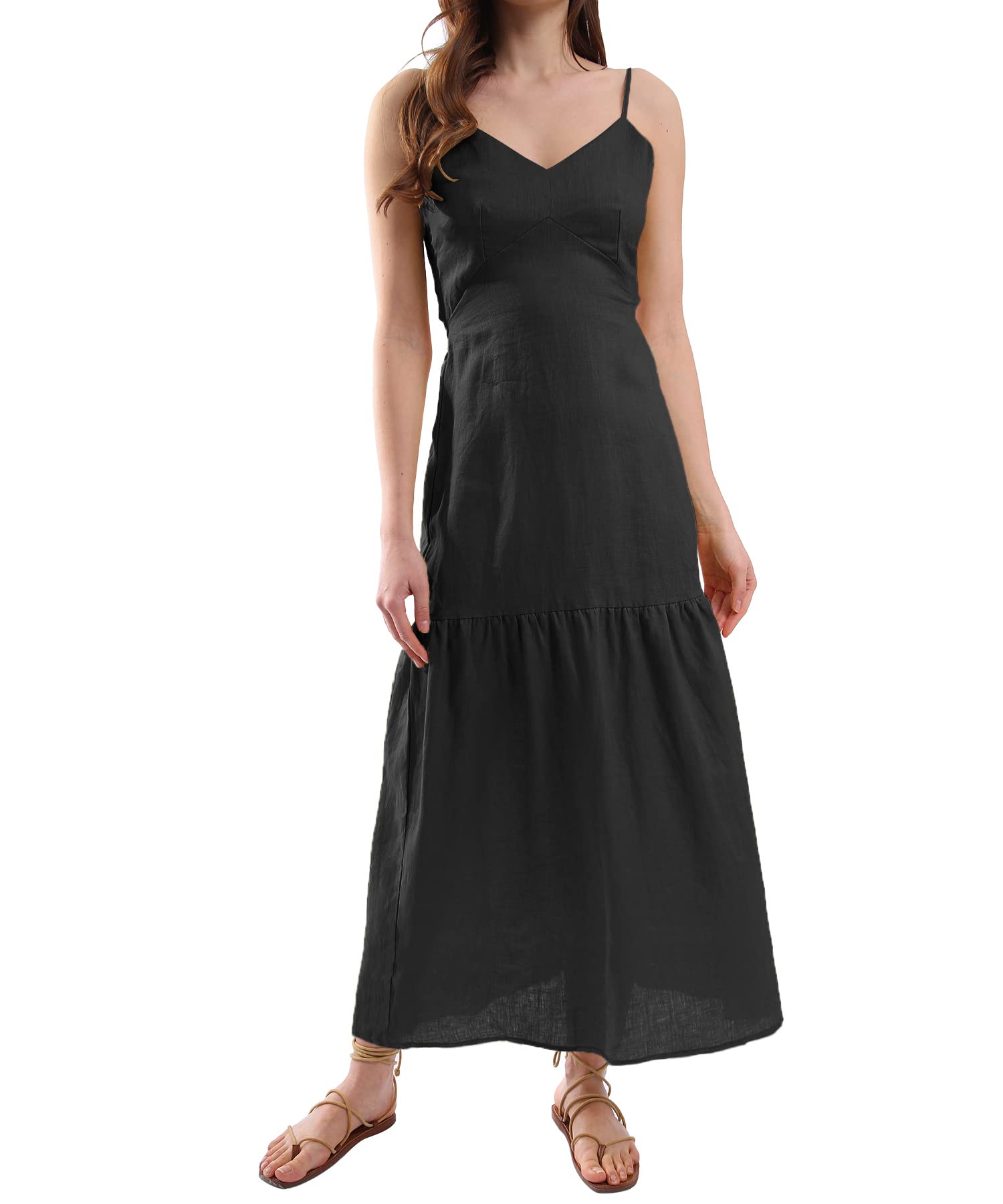 Amazhiyu Women's Pure Linen Summer Dress - Tie Back Midi Sundress with Ruffle Hem | Breathable Casual Dress for Beach, Vacation & Outdoor Activities