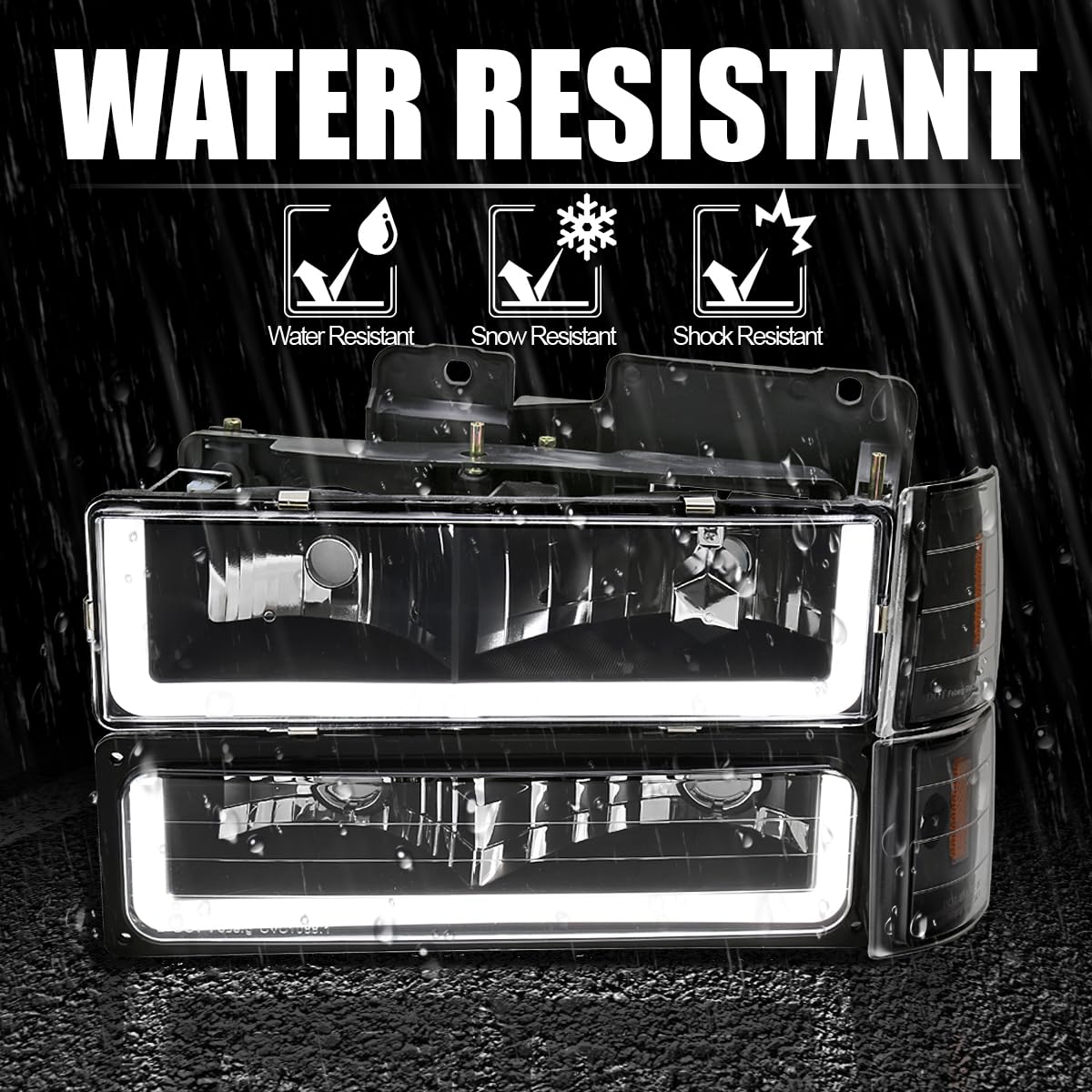 Spec-D Tuning Black LED Bar Headlights with Bumper Lamps & Corner Lights - Compatible with 1994-1998 GMC C10 C/K 1500 Suburban Yukon - Left & Right Pair Headlamp Assembly - Upgrade for Off-Road & Night Driving Visibility
