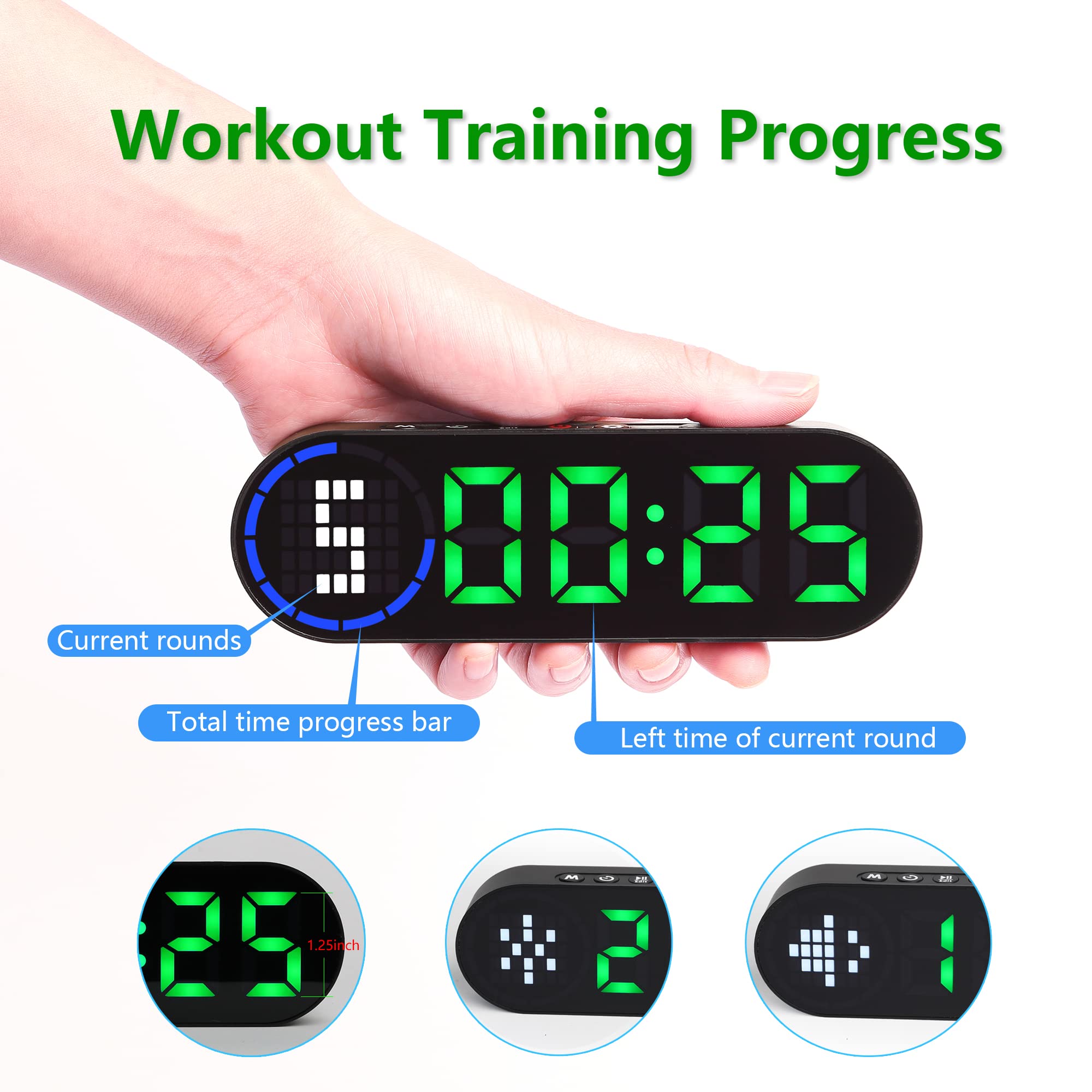 Portable Gym Timer with Time Progress Bar - Interval Timer for HIIT, Tabata, EMOM, Boxing Workouts - Rechargeable Battery Powered for Home & Gym Use - Perfect for CrossFit, Fitness Training & Martial Arts