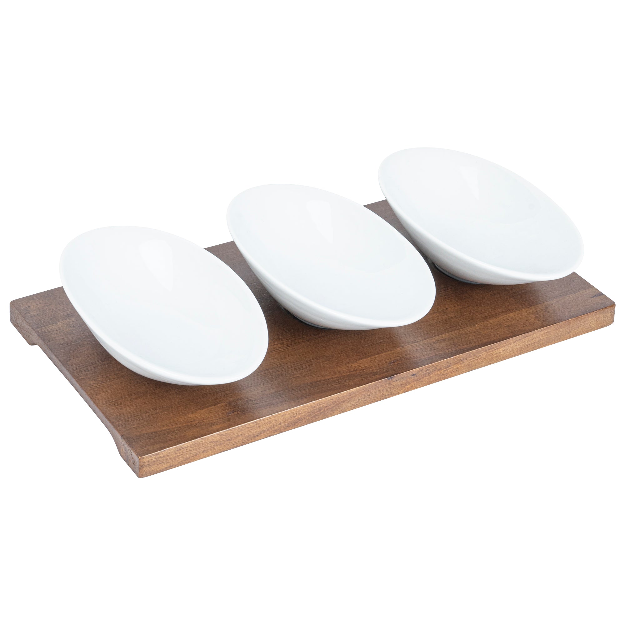 Premium 9 oz White Porcelain Rectangular Ellipse Bowls Set of 3 with Bamboo Tray - 10.25