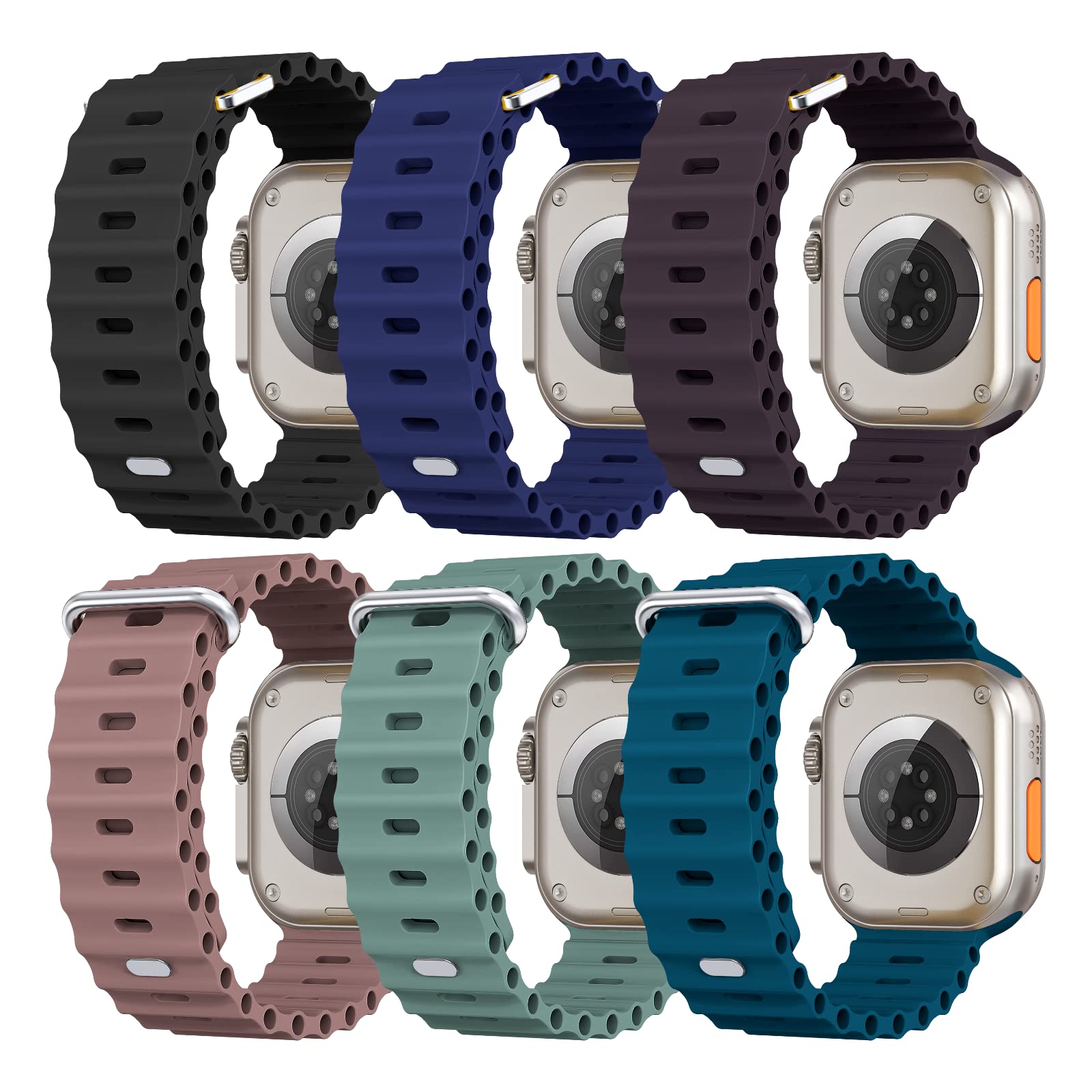 (6 Pack) Sport Ocean Band Compatible with Apple Watch 38mm 40mm 41mm 42mm 44mm 45mm 49mm - Soft Silicone Replacement Strap for Apple Watch Ultra 2/Ultra/SE/Series 9/8/7/6/5/4/3/2/1 - Unisex Design in Black/Midnight Blue/Elderberry/Smokey Mauve/Pine Green/Pacific Green - Perfect for Swimming, Surfing, Workouts & Outdoor Activities