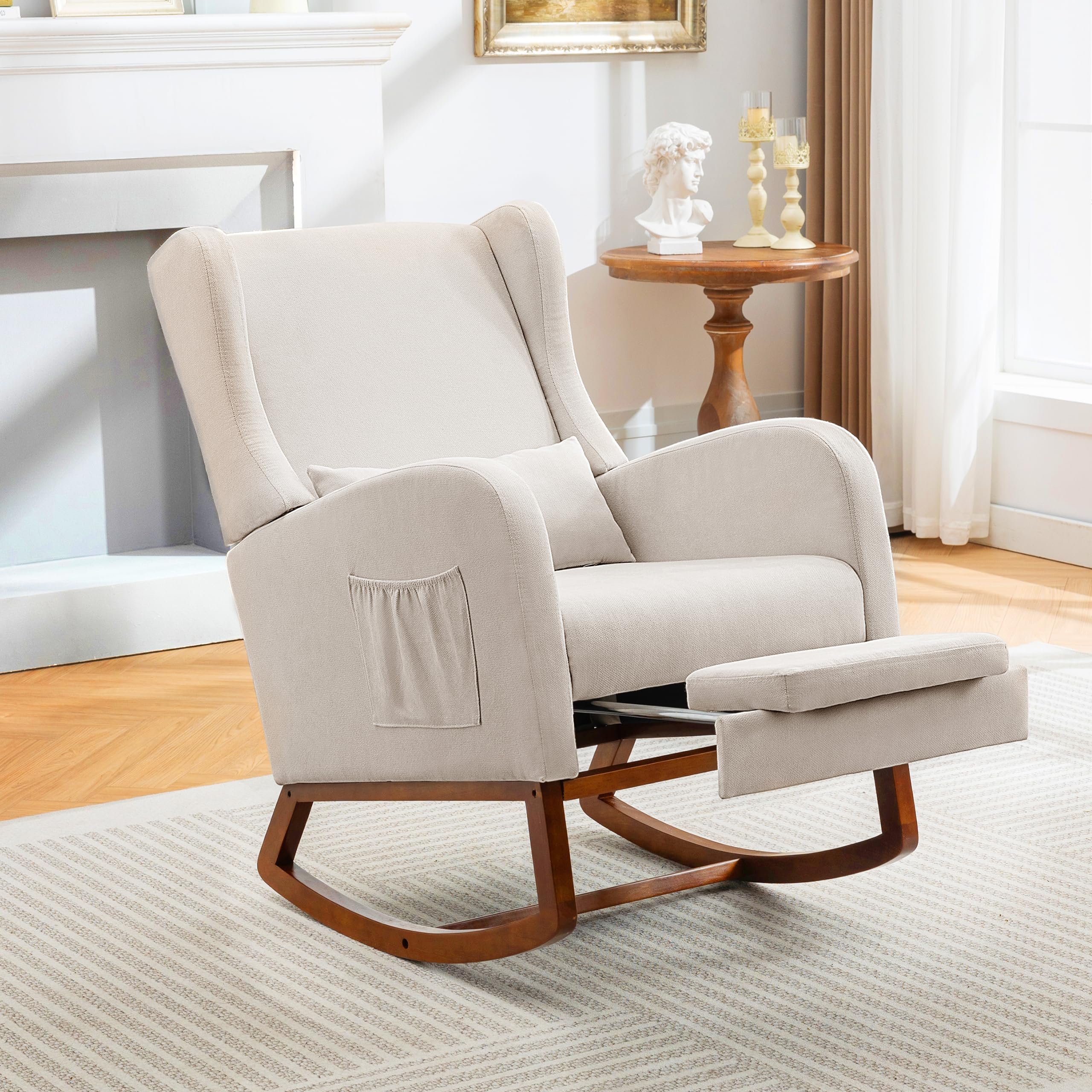 **Comfortable Nursery Glider Rocking Chair with Footrest & Side Pocket - High Back Nursing Chair with Rubber Wood Legs - Accent Rocker Armchair for Baby Nursery, Living Room, Bedroom (Beige) - Perfect for Breastfeeding, Relaxing & Nursery Decor**