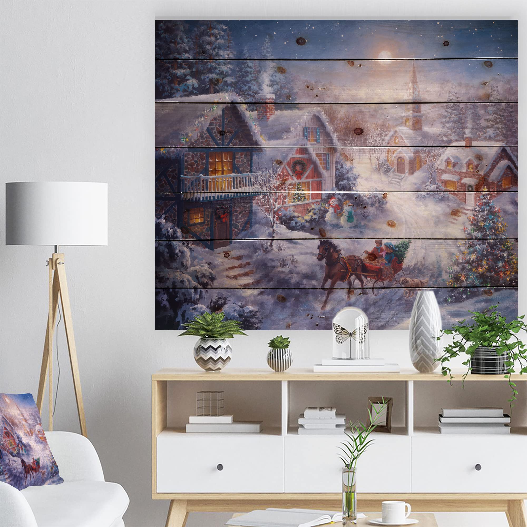 Full Moon Christmas Wood Wall Decor - Traditional Sleigh & Church Scene - Perfect for Holiday Home Decor