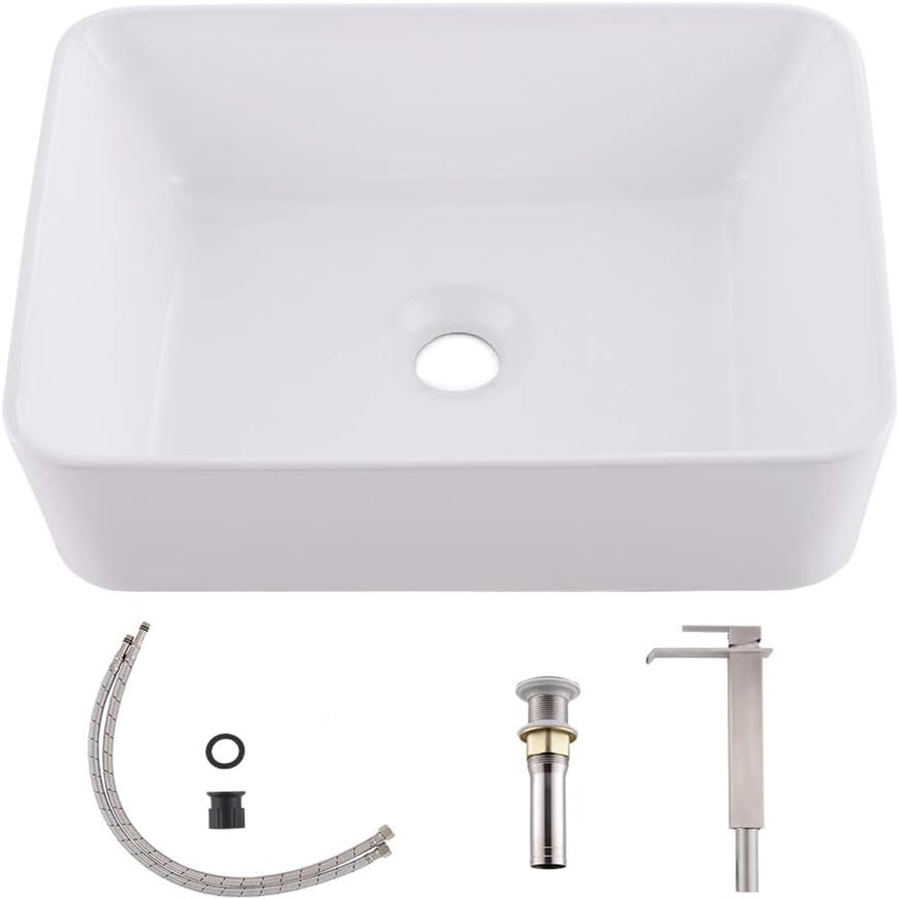 WMXQX 19x15 Inch White Porcelain Rectangle Vessel Sink with Faucet and Drain Combo - Above Counter Bathroom Vanity Sink Set for Modern & Contemporary Bathrooms