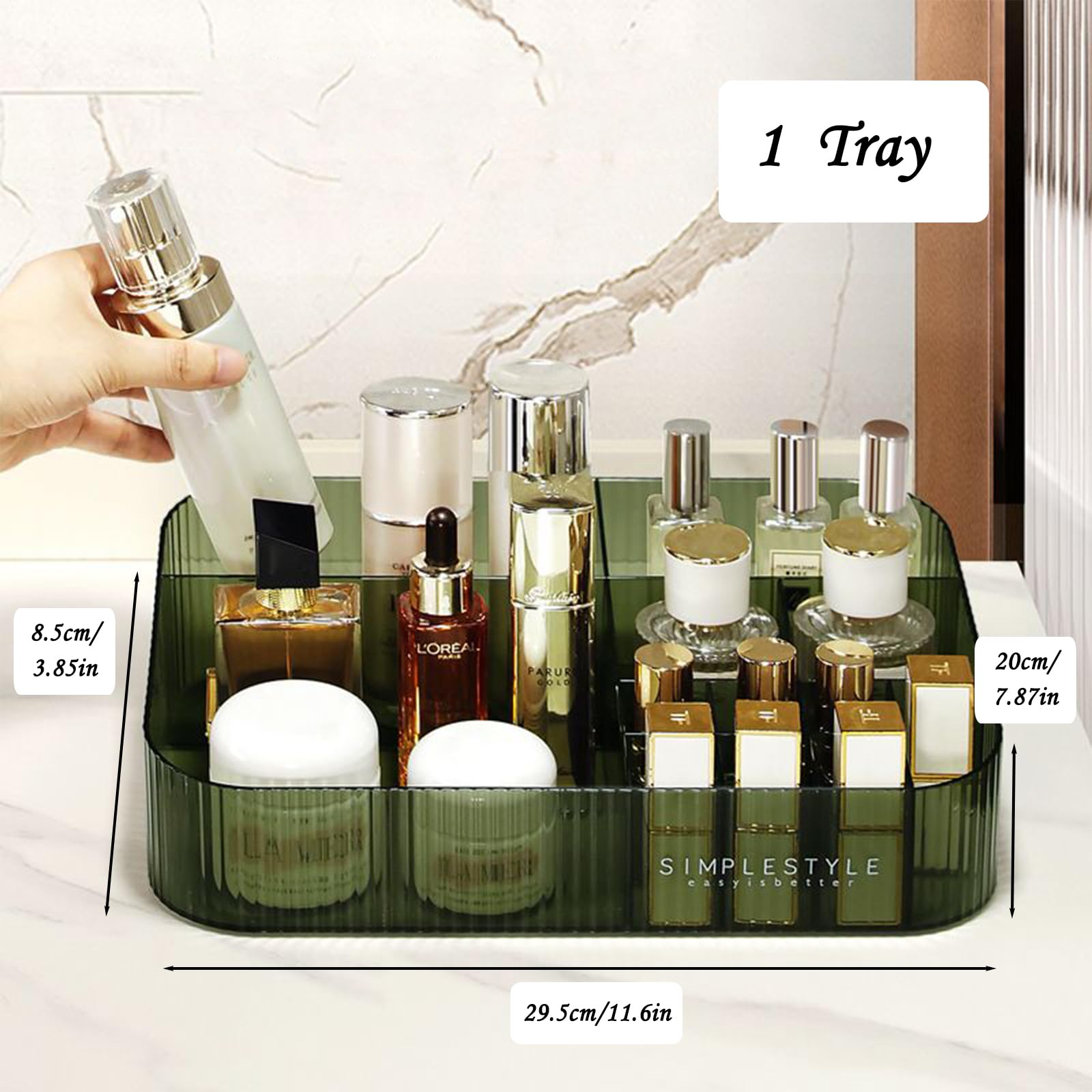 Stackable Makeup Organizer with Drawers - Large Cosmetic Storage Box for Makeup Brushes, Lipsticks & Skincare | Perfect for Bathroom Vanity, Dresser & Travel Organization (1 Tray, Green)