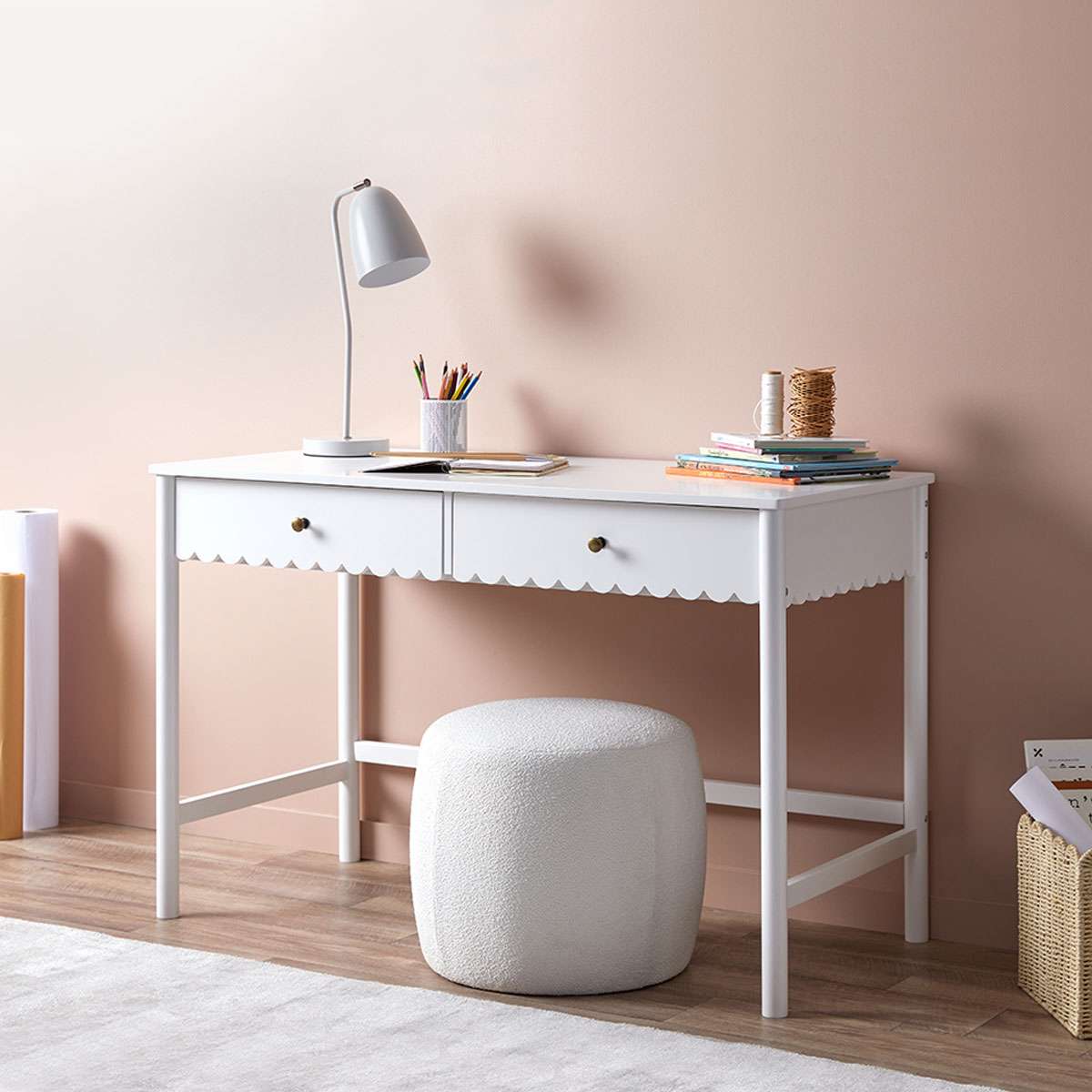 Maisie Scalloped White Desk - Elegant Home Office Furniture for Small Spaces, Study Rooms & Dorm Decor