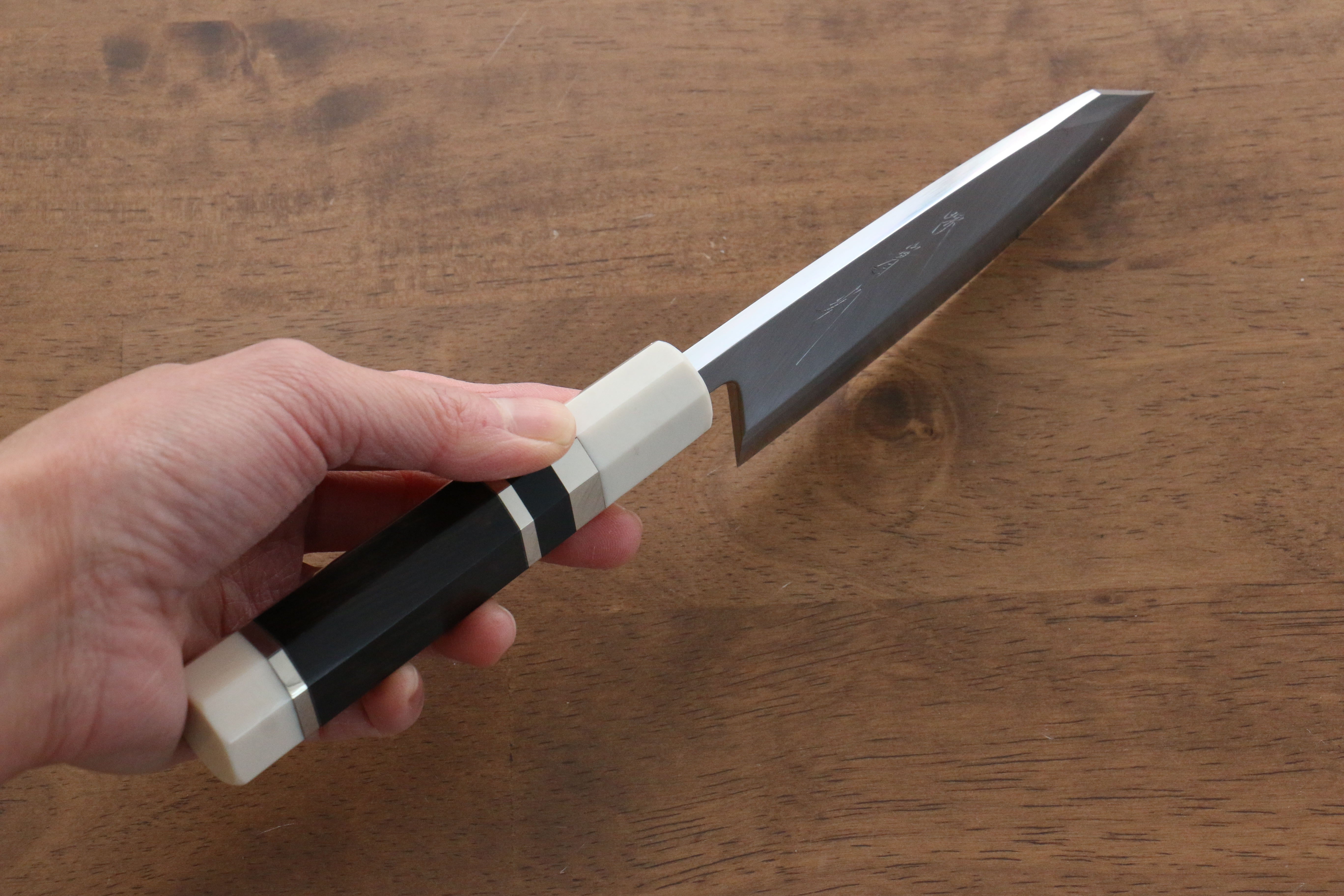 Jikko Shiko Blue Steel Kiritsuke Deba Knife 120mm - Ebony Wood Handle with Double Ring - Professional Japanese Kitchen Knife for Sushi, Fish & Meat Cutting
