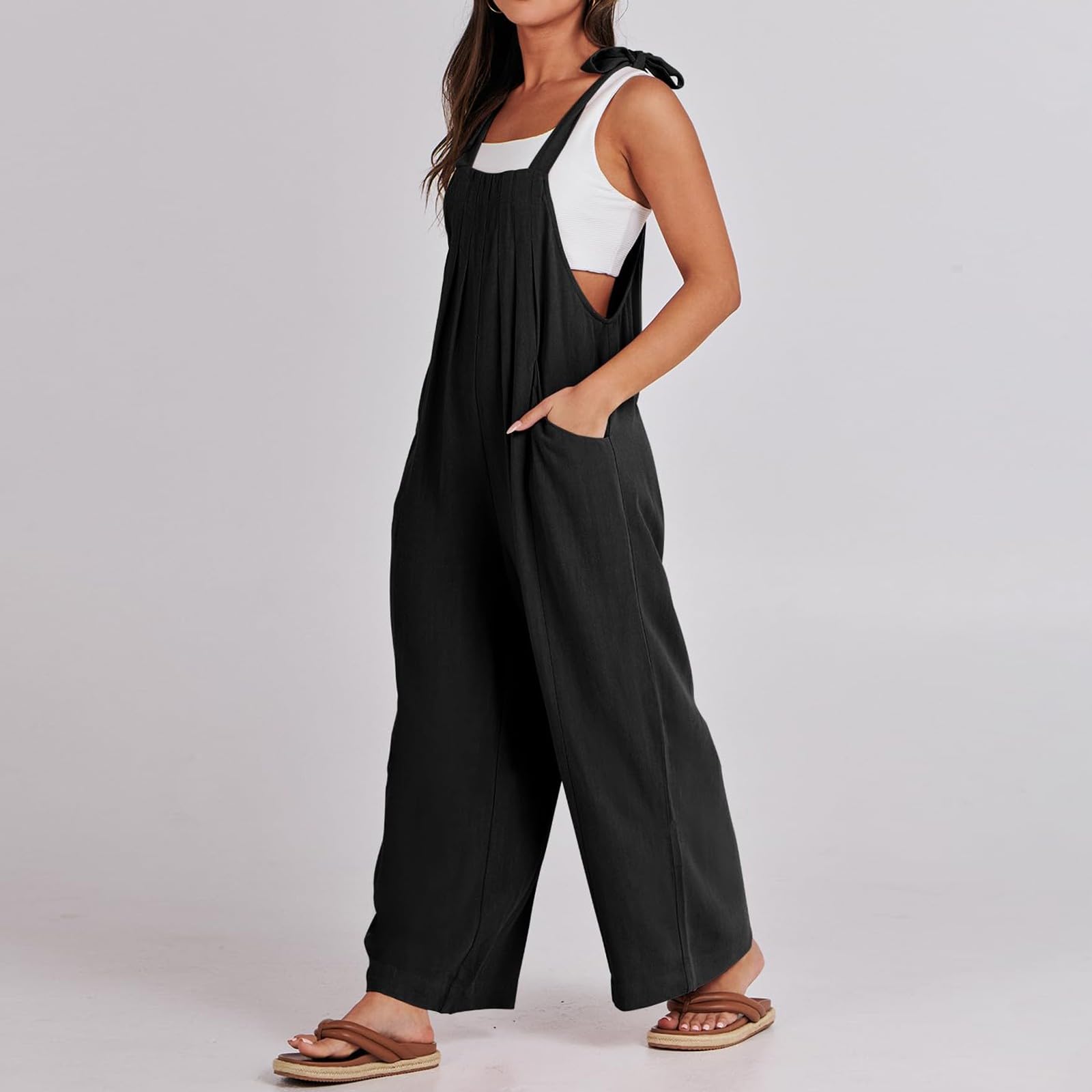 Women's Cotton Linen Overalls - Summer Jumpsuit Romper with Flowy Pants - Boho Chic Casual Outfit for Women 2024 (Al-Black, 3XL) - Perfect for Beach Vacations, Music Festivals and Everyday Boho Style
