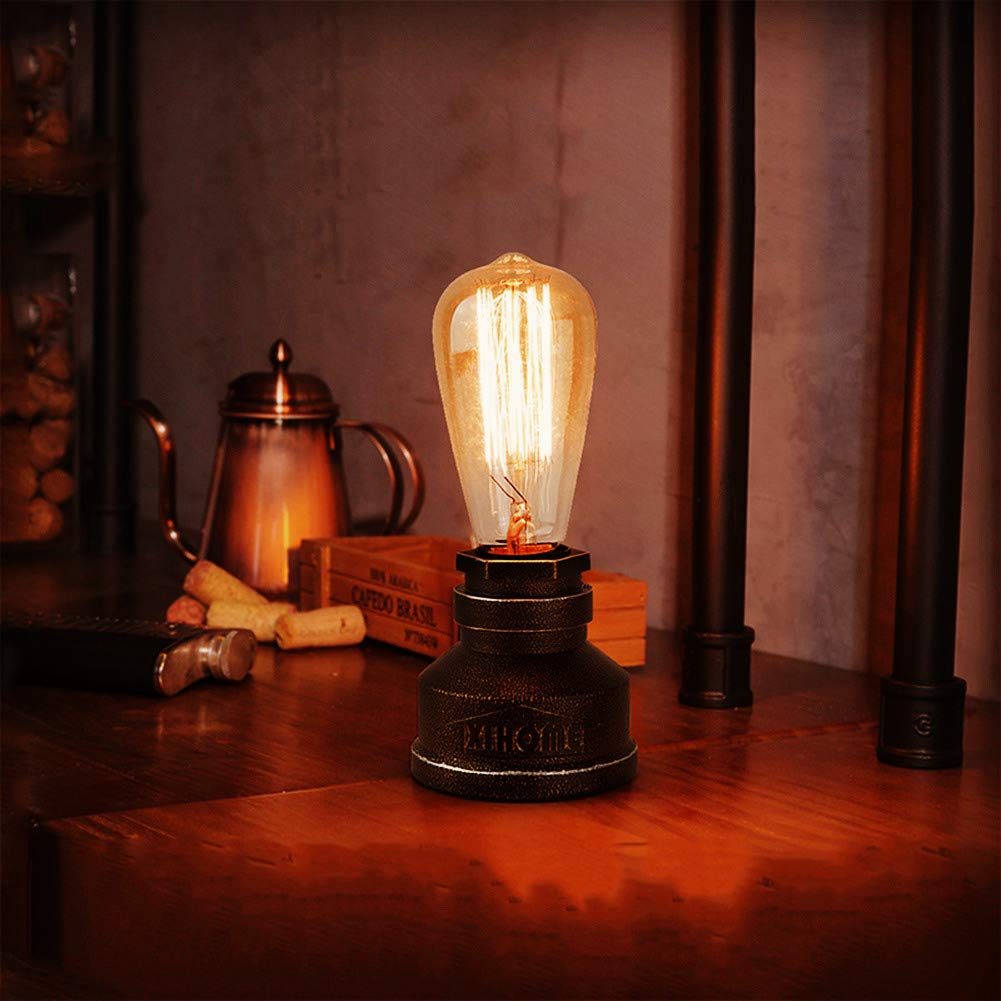Vintage Industrial Table Lamp - Rustic Loft Style Steel Pipe Desk Light with E26 Base, LED Edison Bulb Compatible for Home Office, Study Room & Bedroom Night Light