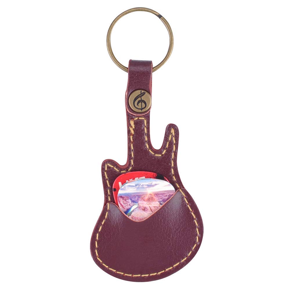 Premium Leather Guitar Pick Holder Keychain - Compact Plectrum Case with 5 Guitar Picks Included (Coffee Brown) - Perfect for Musicians, Guitarists & Travel Accessories