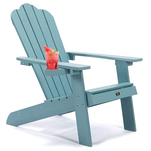 HALEDAZE All-Weather Brown Plastic Wood Outdoor Chair with Cup Holder - Fade-Resistant Patio Furniture for Lawn, Deck, Garden & Porch - Perfect for Backyard Relaxation, Poolside Lounging & Outdoor Dining (Blue)