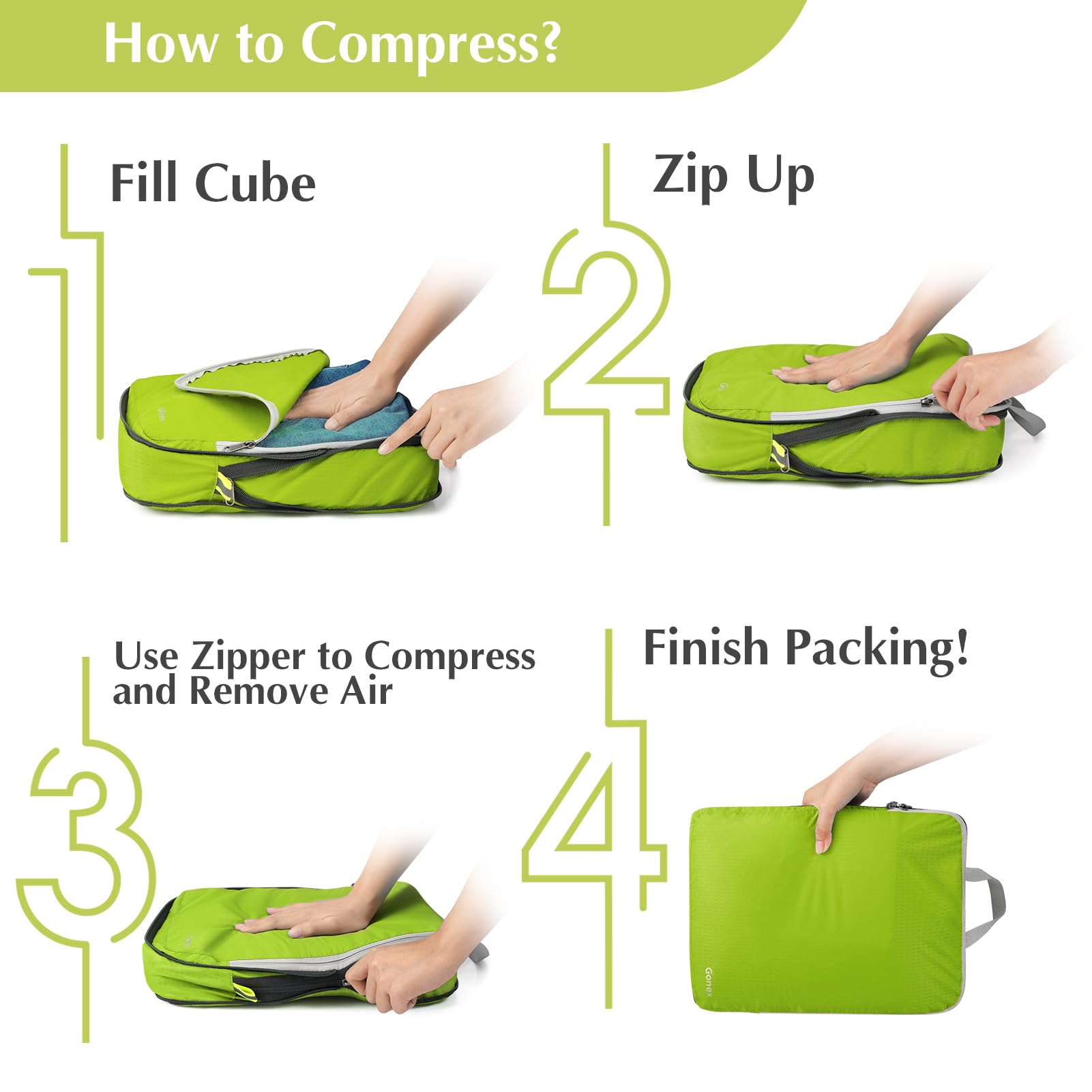 Gonex Compression Packing Cubes Set - 3 or 4 Piece Expandable Travel Organizer Bags for Luggage & Suitcases | Space Saving Storage Solution for Business Trips, Vacations & Weekend Getaways