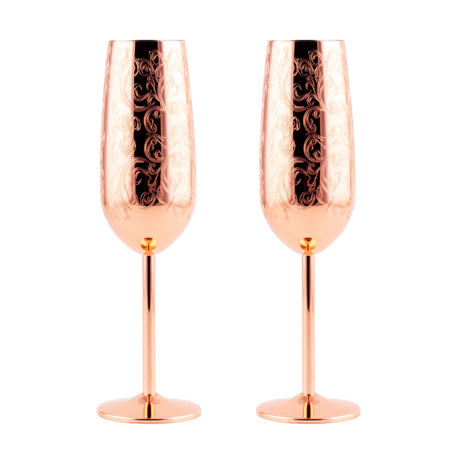 Premium Copper Etched Champagne Glasses - Set of 2 (9 oz) for Wedding Toasts, Anniversary Celebrations & Romantic Dinners