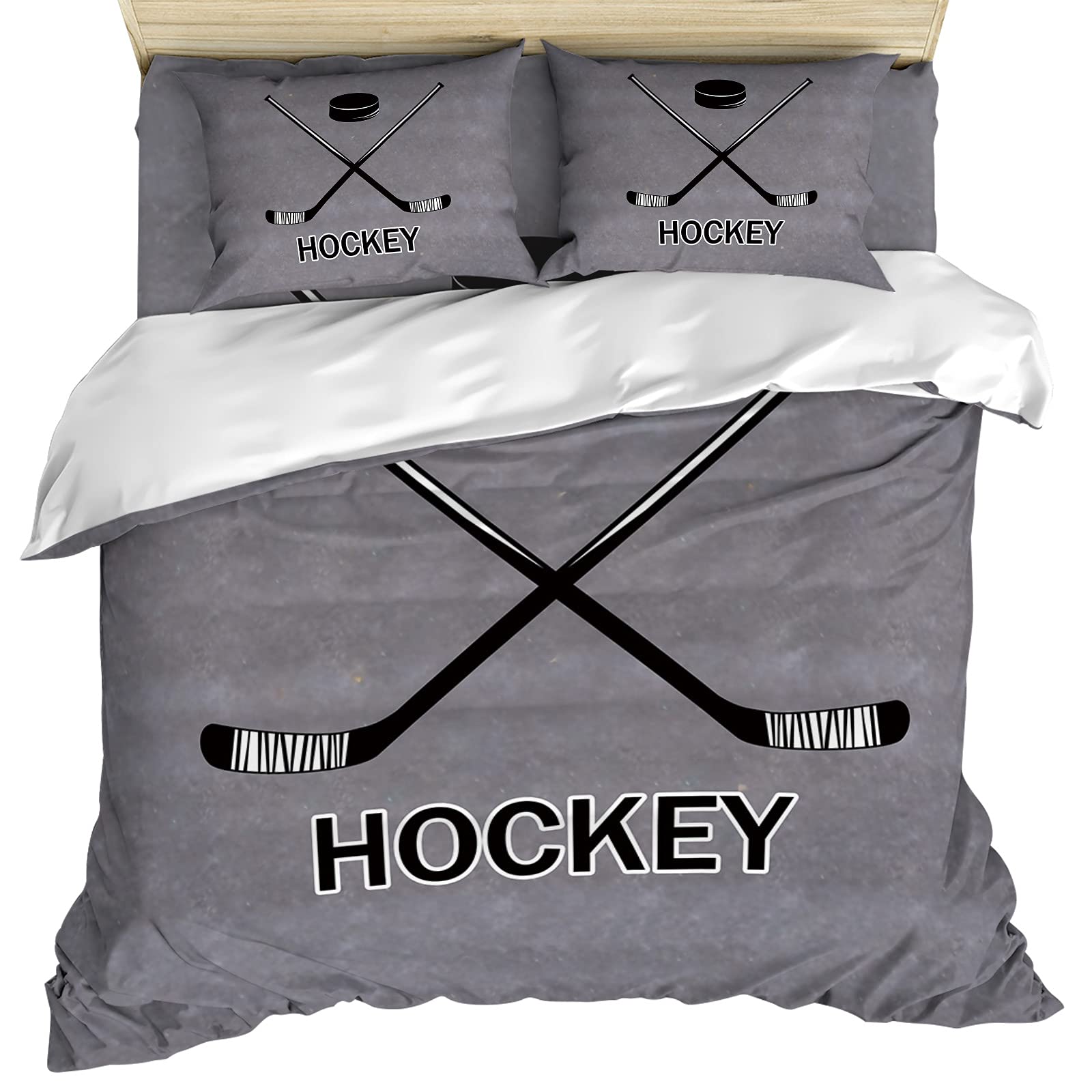 Cal King Hockey Sports Duvet Cover Set - 4 Piece Lightweight Microfiber Bedding for Adults & Teens - Retro Grey Design - Perfect for Sports Fans' Bedrooms & Dorm Rooms