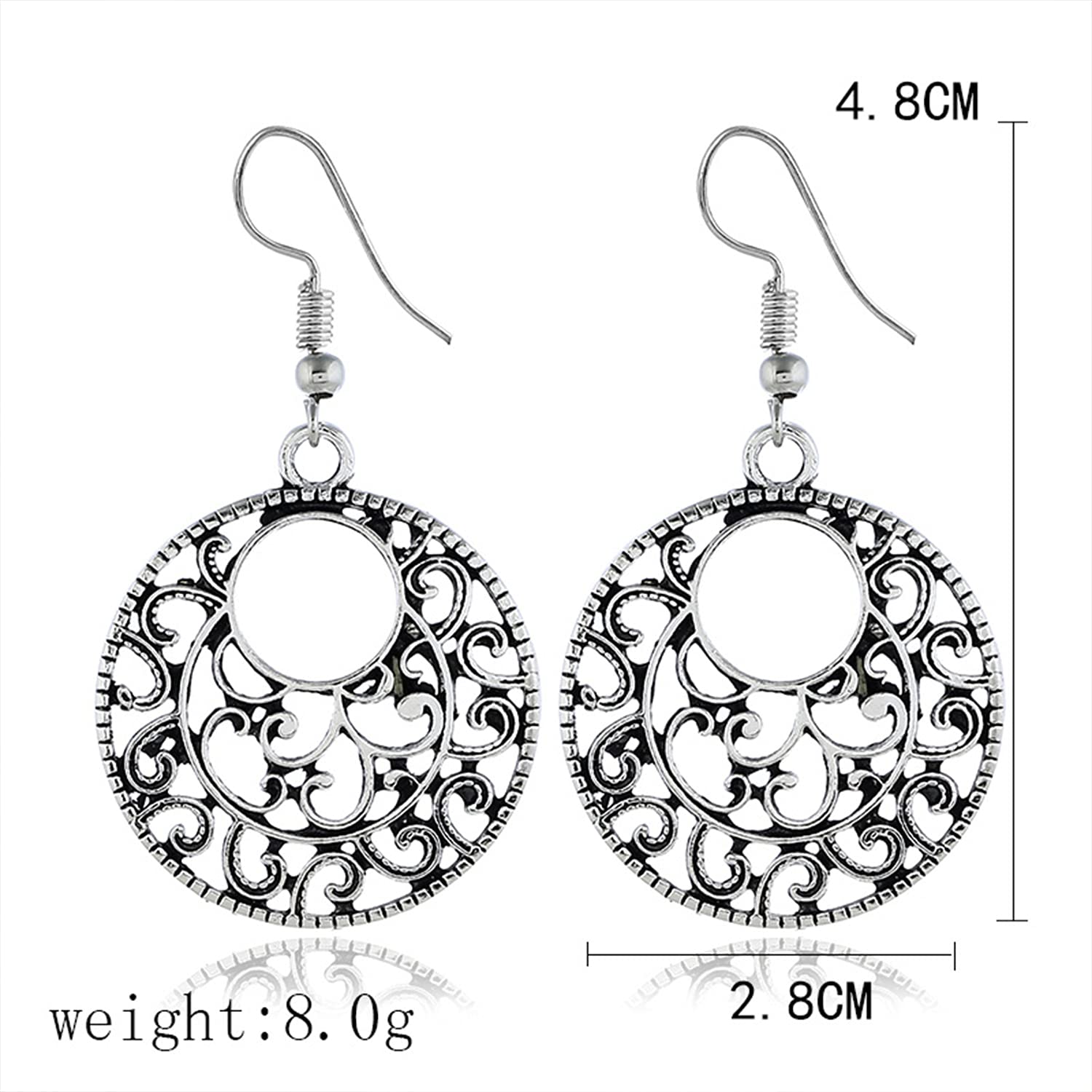 Bohemian Vintage Handmade Silver Hollow Dangle Drop Earrings for Women - Lightweight Filigree Disc Charm Gypsy Tribal Hoop Earrings | Perfect for Festivals, Weddings & Boho Fashion