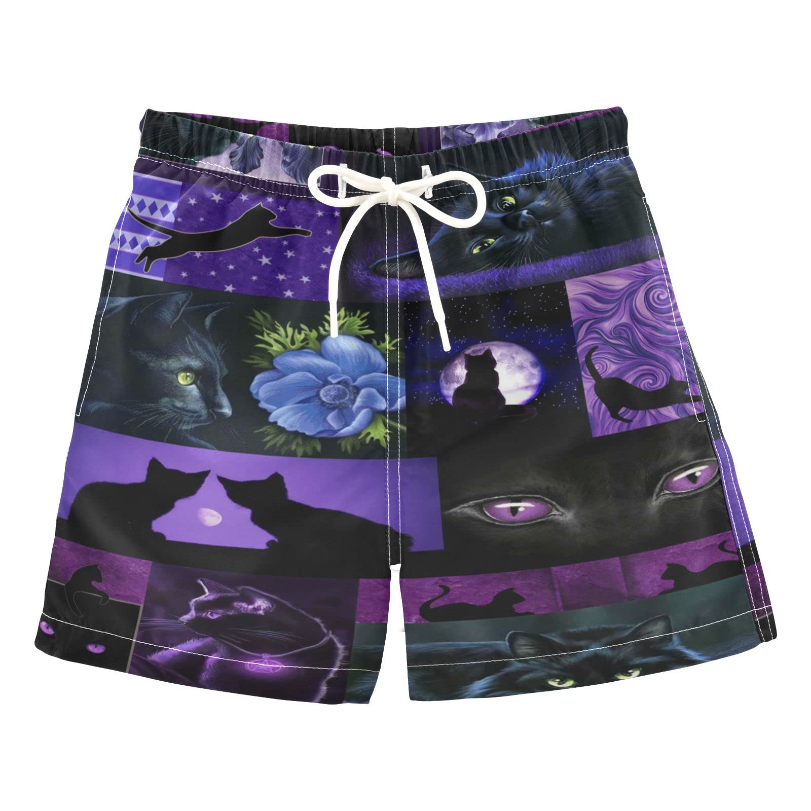 Boys Black Cats Purple Swim Trunks - Quick Dry Mesh Lined Swim Shorts with Adjustable Waist for Beach, Pool & Summer Water Activities