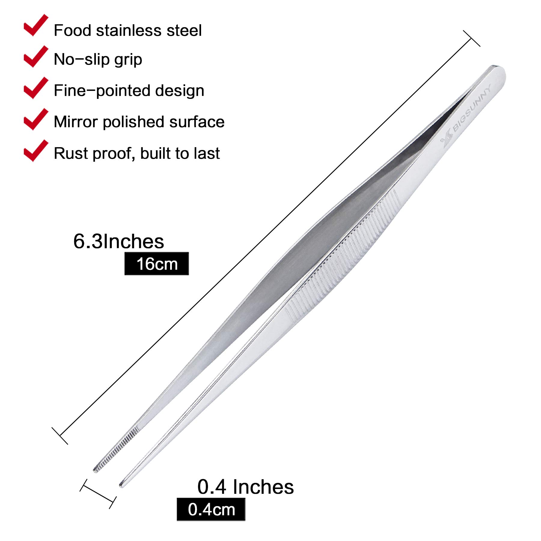 6.5 Inch Stainless Steel Kitchen Tweezers - Fine Tip Cooking Tongs for Precision Food Plating, Garnishing & Serving | Multi-Purpose Culinary Tweezers for Chefs, Bartenders & Home Cooks | MSY BIGSUNNY Professional Food Tongs (Great for Sushi, Salads & Cocktail Garnishes)