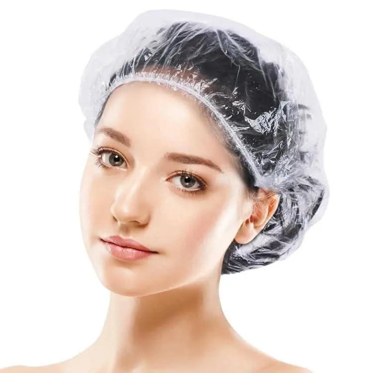 100 Pcs Disposable Shower Caps - Waterproof Hair Covers for Spa, Hair Dye, Kitchen & Hotel Use - Oil-Proof Free Size Shower Caps for Women & Men - Perfect for Salon, Swimming, Cooking and Travel