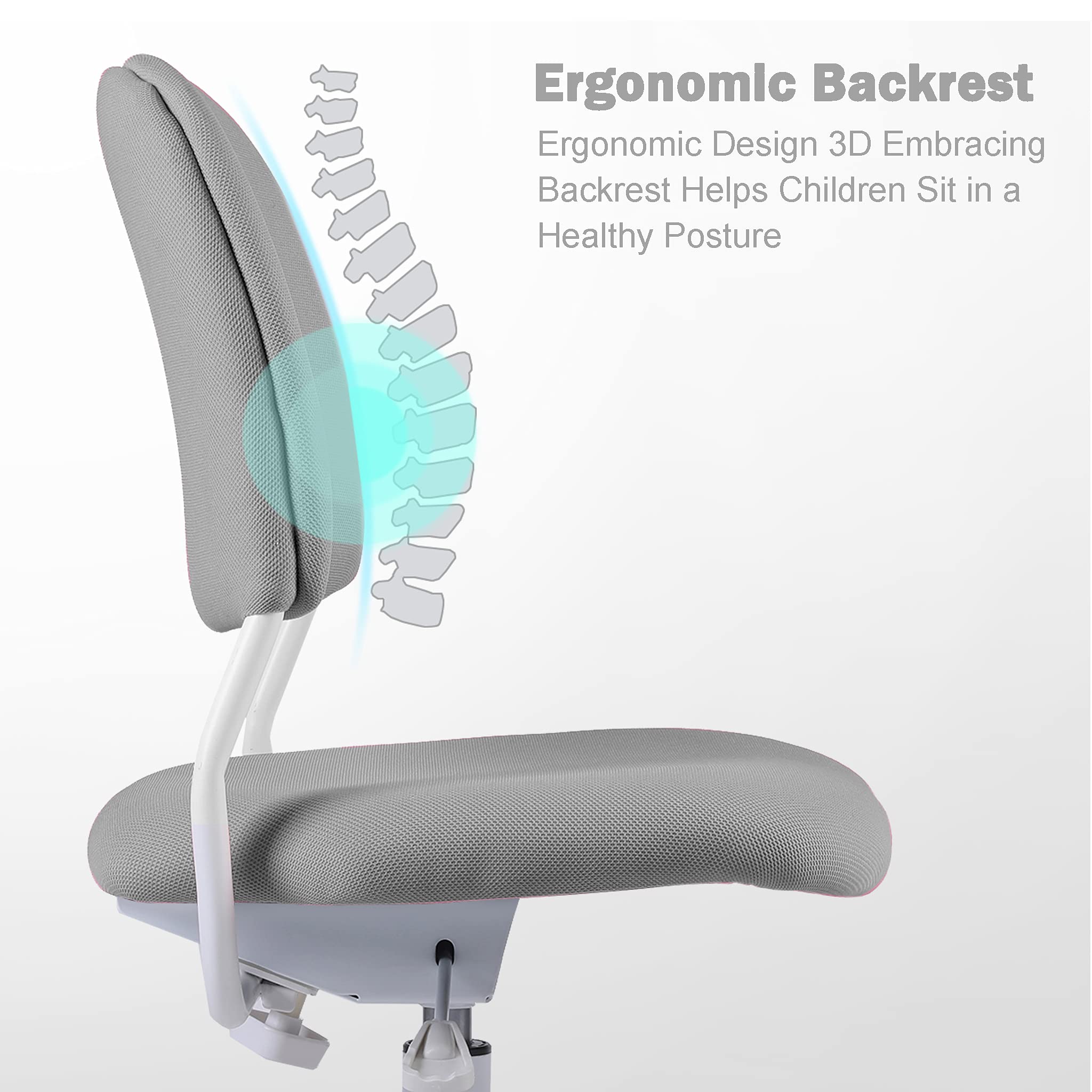 Ergonomic Kids Desk Chair - Adjustable Height & Seat Depth with Detachable Footrest & Lumbar Support - Grey Study Chair for Children's Bedroom, Homeschool & Online Learning (Includes Chair Slipcovers)