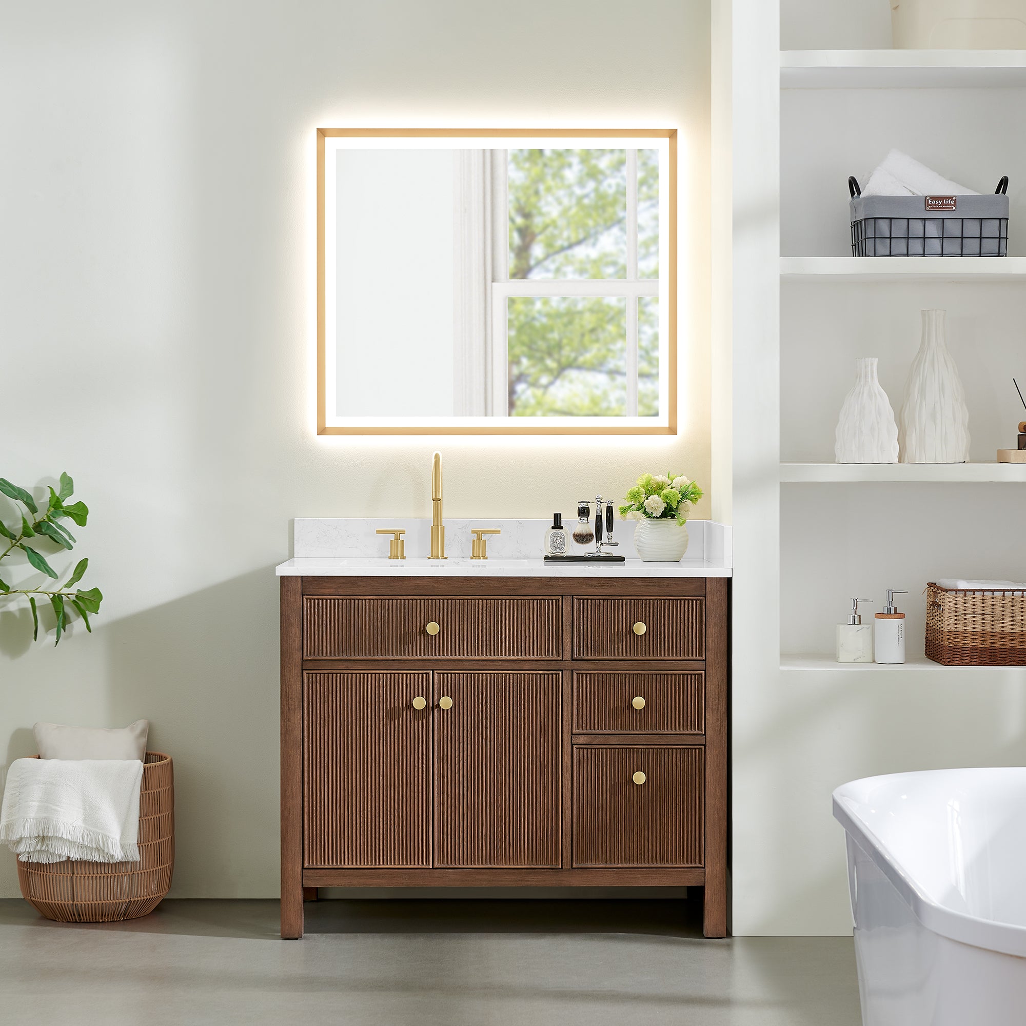 Cerrito 42 Inch Single Bathroom Vanity with White Engineered Stone Countertop - Modern Farmhouse Sink Cabinet for Powder Room & Guest Bathroom Makeover