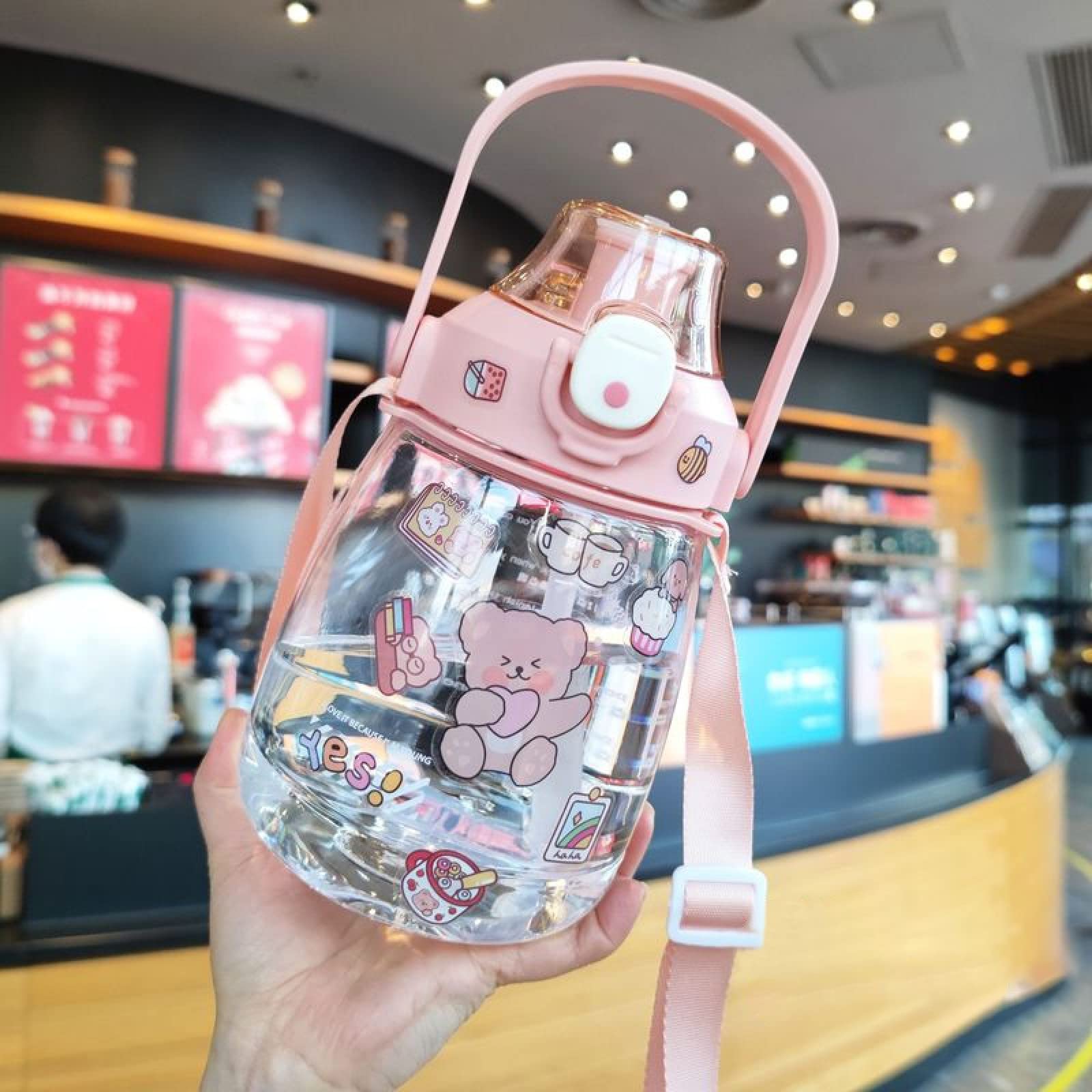 **BXCNCKD Kawaii Large Capacity Water Bottle with Straw & Portable Strap - 1100ml (Pink) - Cute Student Water Bottle for School, Gym & Outdoor Activities**