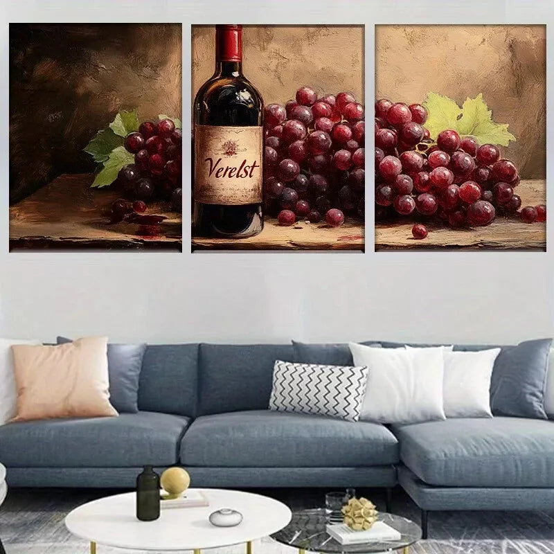 3-Piece Wine Bottle and Grapes Rustic Kitchen Wall Art Set - Framed Canvas 40x60cm - High Quality Print - 100% Australian Made - Ready to Hang - Perfect for Dining Room, Bar Decor & Farmhouse Style Kitchens