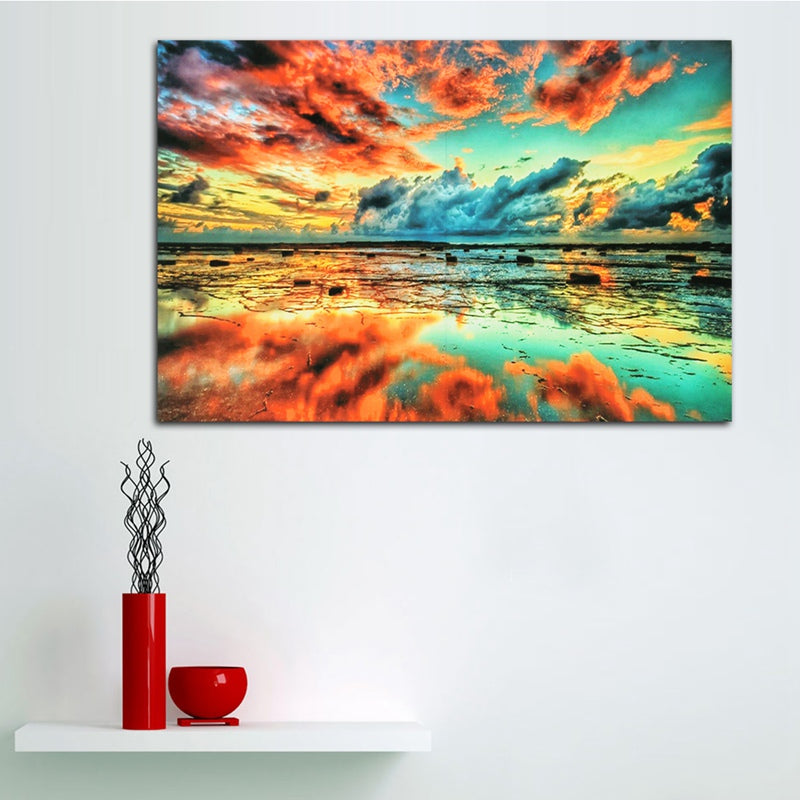 1Pc Frameless Sunset Sea Beach Painting - Landscape Art Print on Silk Cloth - Home Wall Decor Poster 90x60cm (35x24in) - Perfect for Living Room, Bedroom & Office Decoration