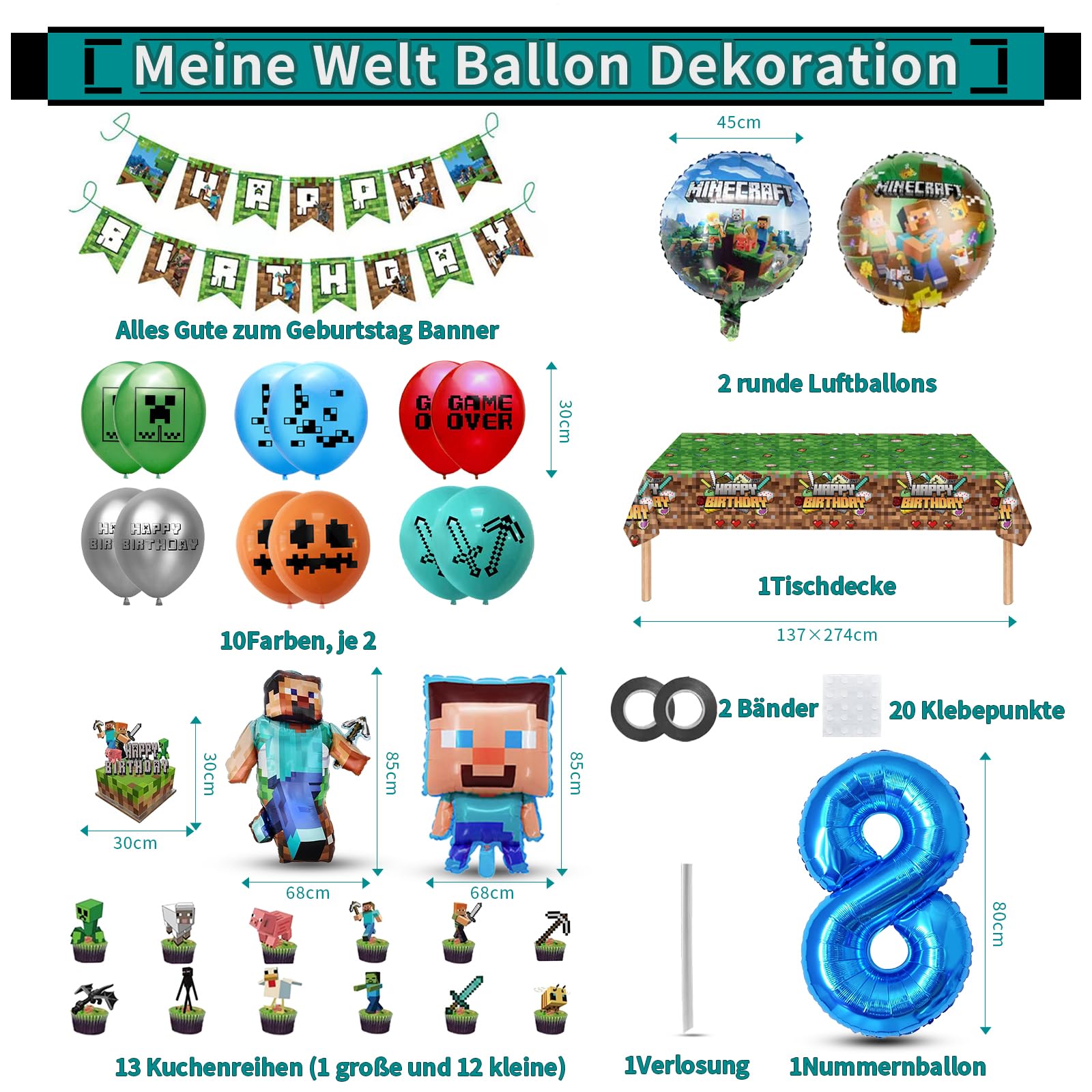 Best Minecraft Birthday Decorations for 8 Year Old Girls - Themed Balloons, Garland & Cake Topper Set - Perfect for Gamer Parties, Miner-Themed Celebrations & Kids' Birthday Decor