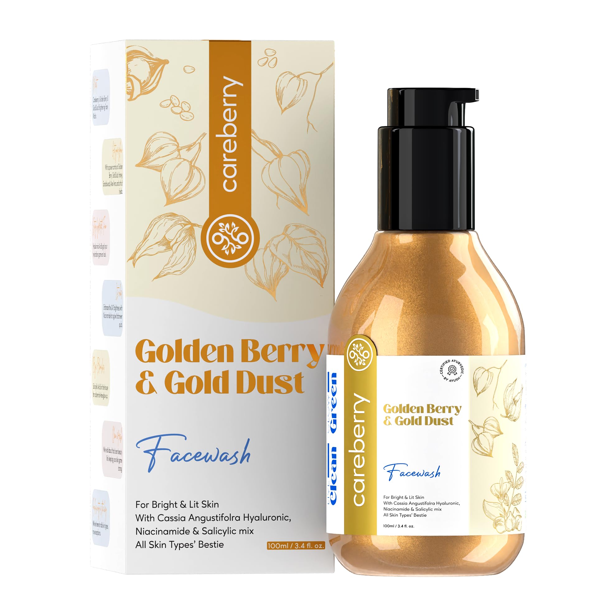 Careberry Golden Berry & Gold Dust Face Wash - Ayurvedic Brightening Cleanser with Hyaluronic Acid, Niacinamide & Salicylic Acid | Anti-Pollution, AYUSH Certified | For Glowing Skin (Men & Women, 100ml) | Perfect for Daily Skincare Routine & Pollution Protection