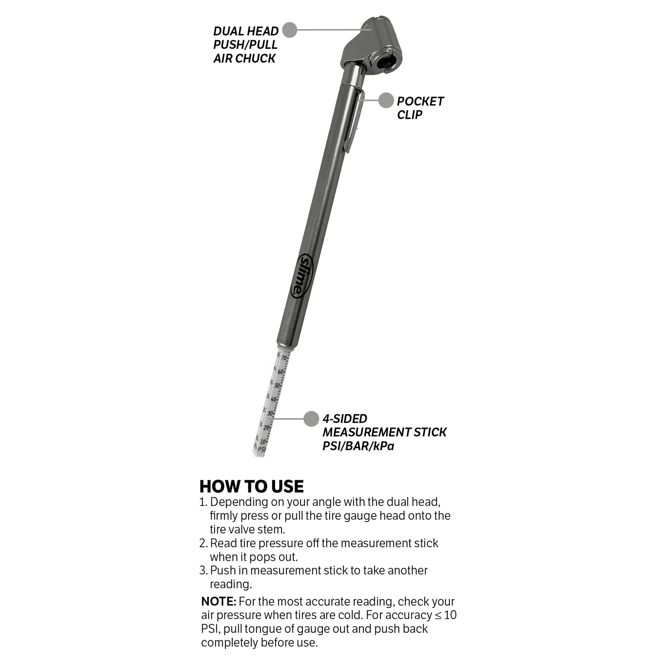 Dual Head Pencil Tire Gauge 10-120 PSI with Valve Extensions - Accurate Air Pressure Measurement for Cars, Bikes & Motorcycles