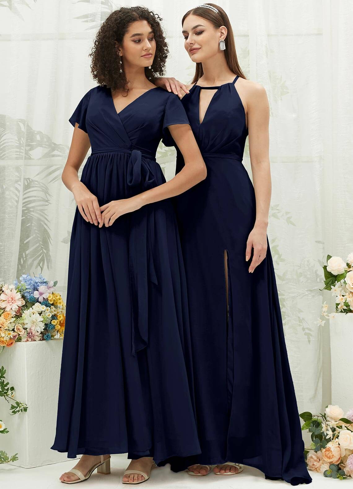 Elegant Dark Navy Chiffon Halter V-Neck Backless Maxi Bridesmaid Dress with High Slit - Perfect for Weddings, Formal Events & Evening Parties