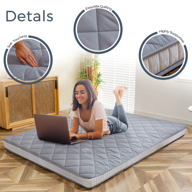 MAXYOYO Japanese Floor Futon Mattress - Diamond Pattern Roll Up Folding Bed for Adults & Guests, Grey | Portable Floor Sleeping Mat for Small Spaces, Camping & Travel