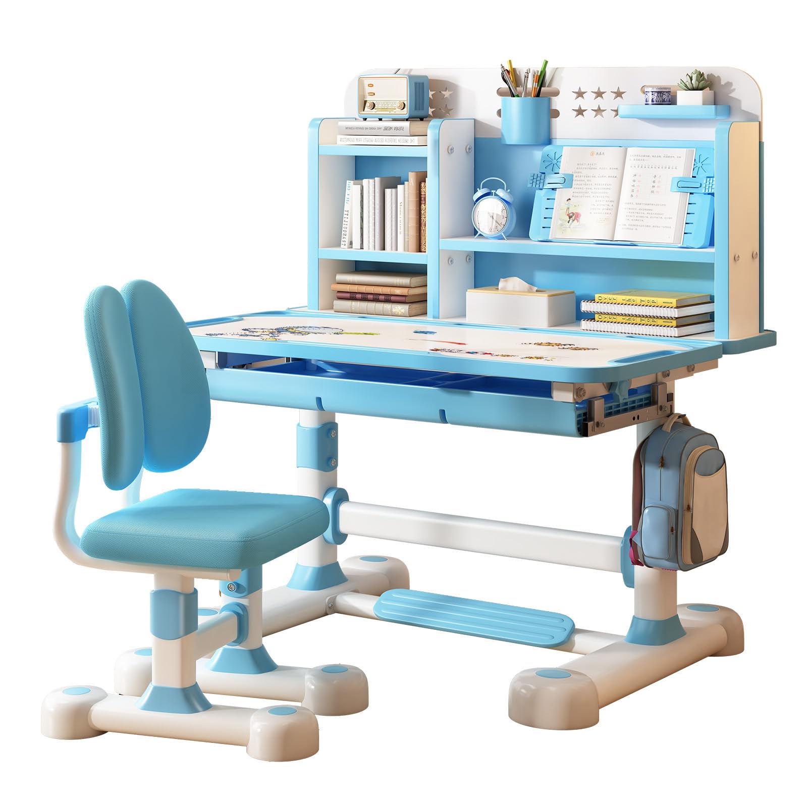 2024 Upgraded Kids Desk and Chair Set - Adjustable Children's Study Table with Flip Drawer, Tiltable Desktop, Schoolbag Hooks & Book Stand - Perfect for Homework, Drawing & Learning (Blue)