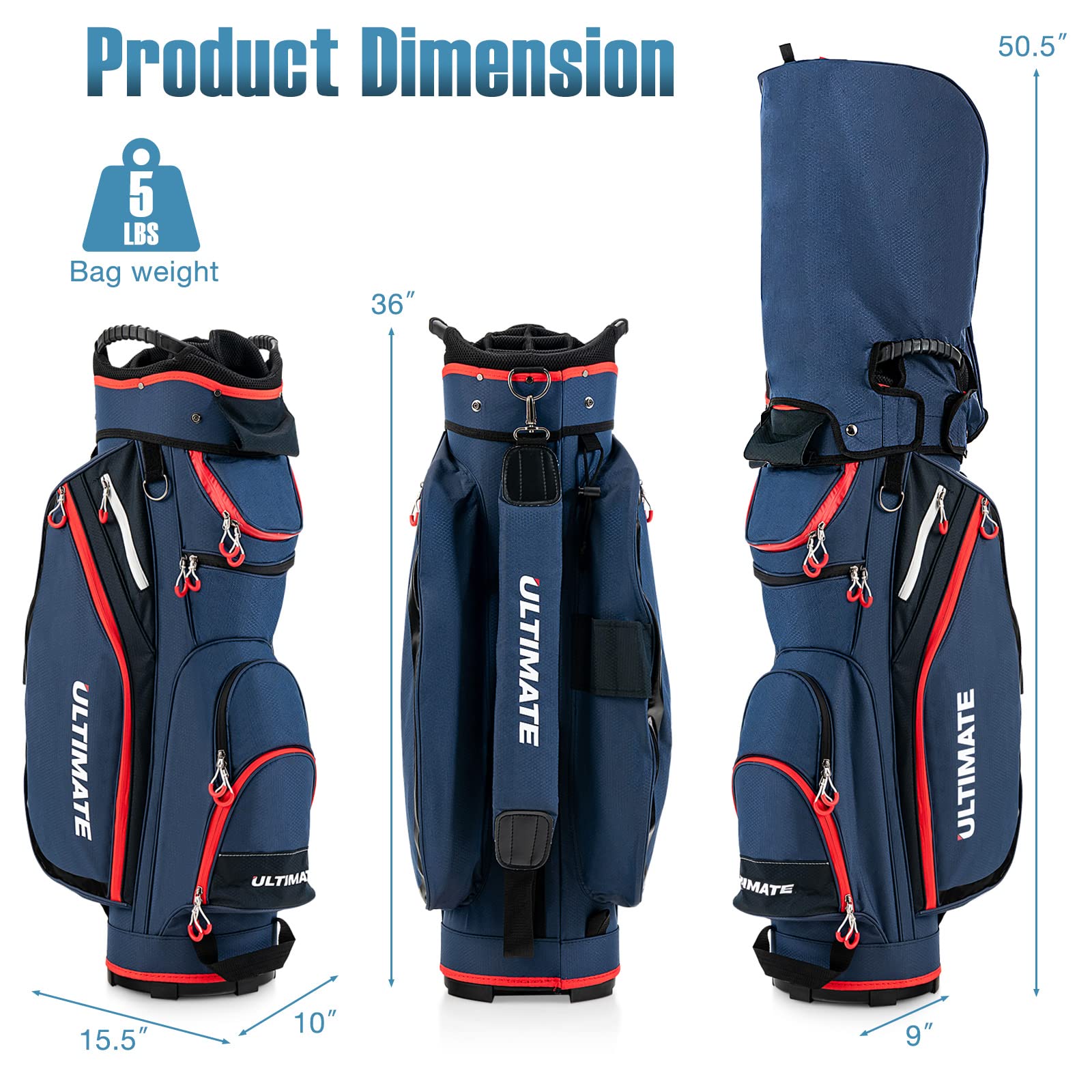 GYMAX 14-Way Divider Golf Cart Bag with Rain Hood & Cooler Pocket - Waterproof Lightweight Golf Club Bag for Men & Women - Perfect for Golf Courses, Driving Range & Travel (Navy)