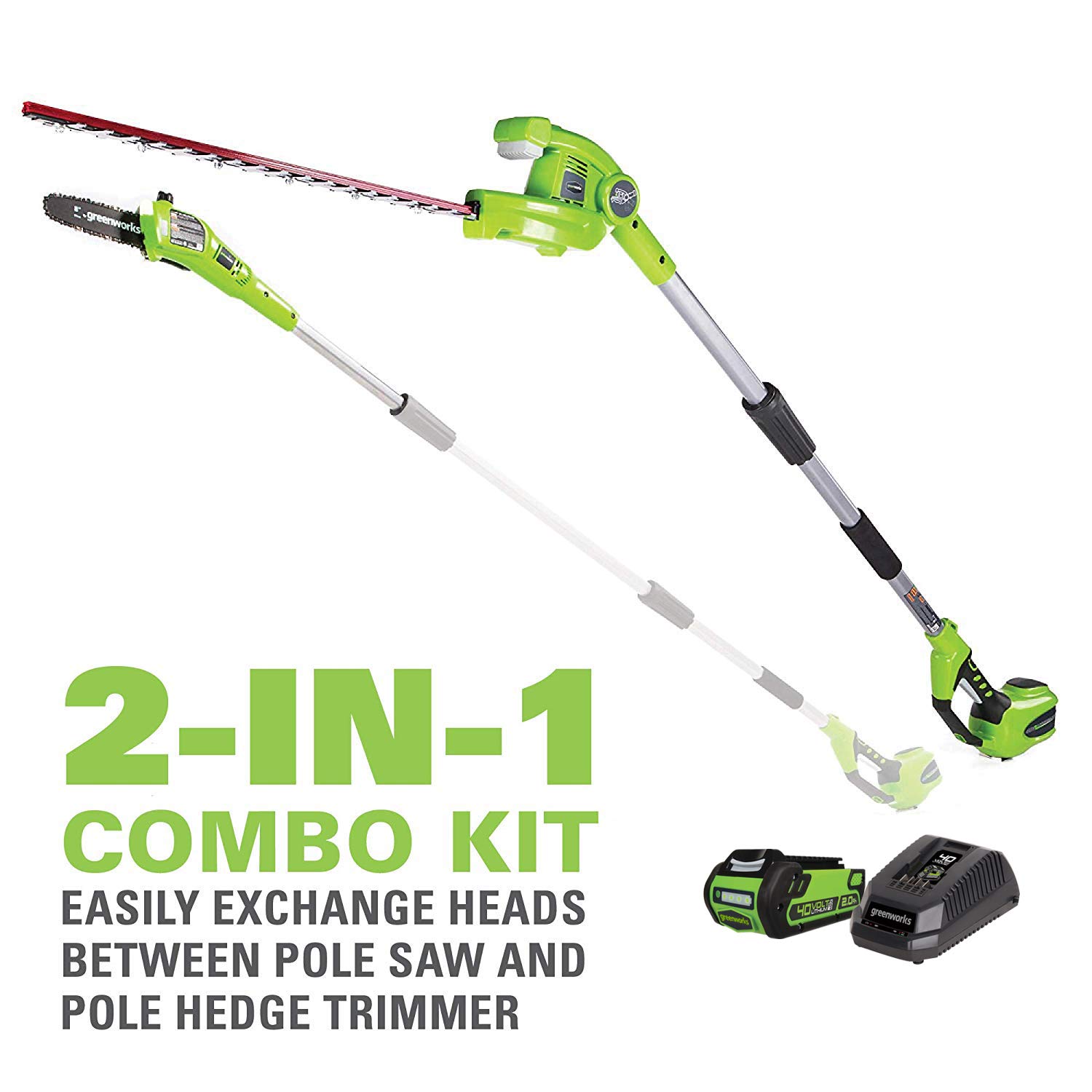 Greenworks 40V 8-Inch Cordless Pole Saw with Hedge Trimmer Attachment | 2Ah Battery & Charger Included | Model 1300402 | Perfect for Tree Trimming, Landscaping & Yard Maintenance
