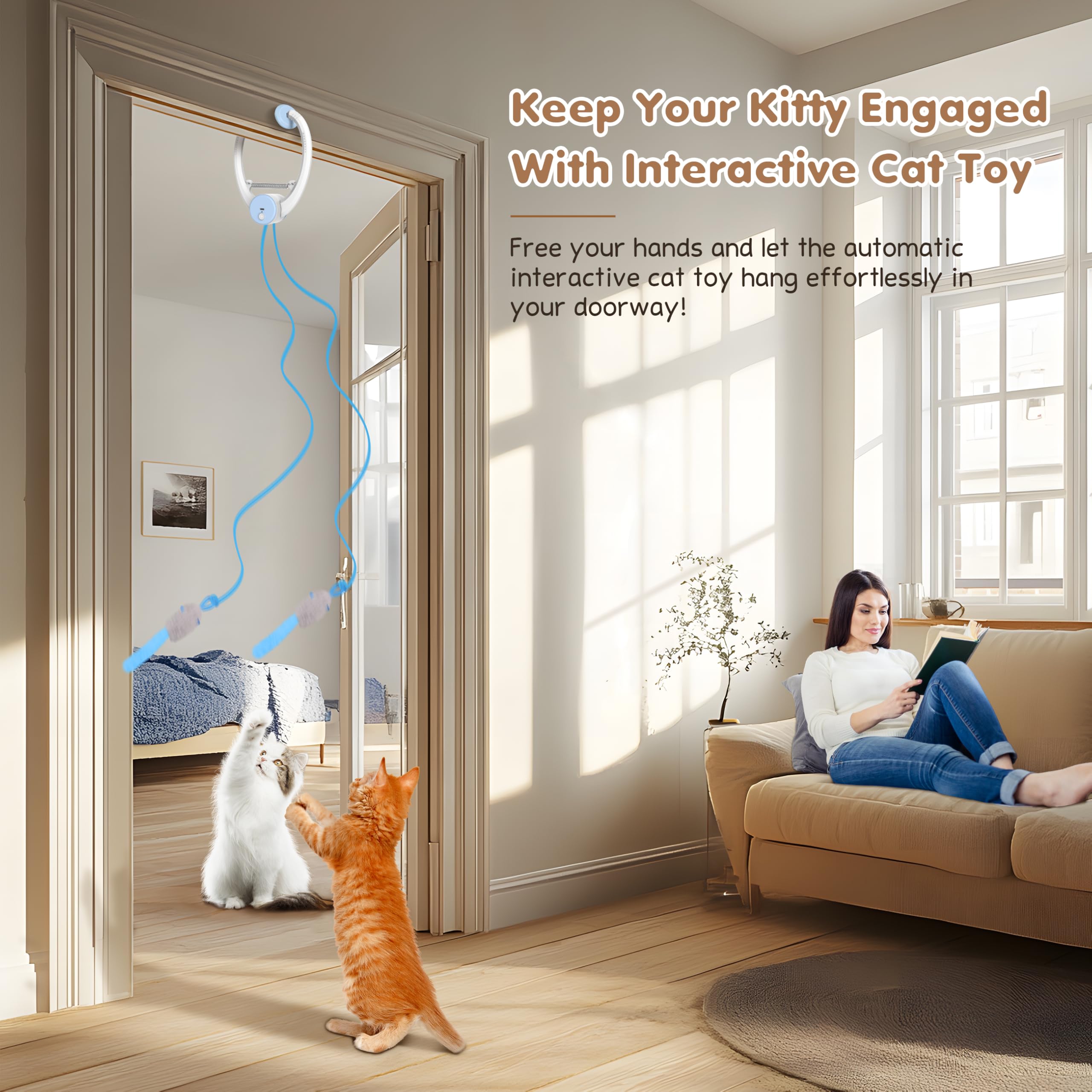 **Interactive Cat Feather Toys for Indoor Cats - Retractable Teaser Toy with 3 Plush Mice for Play, Chase & Exercise - Blue Automatic Kitten Mental Stimulation Toy (Great for Boredom Relief & Active Playtime)**