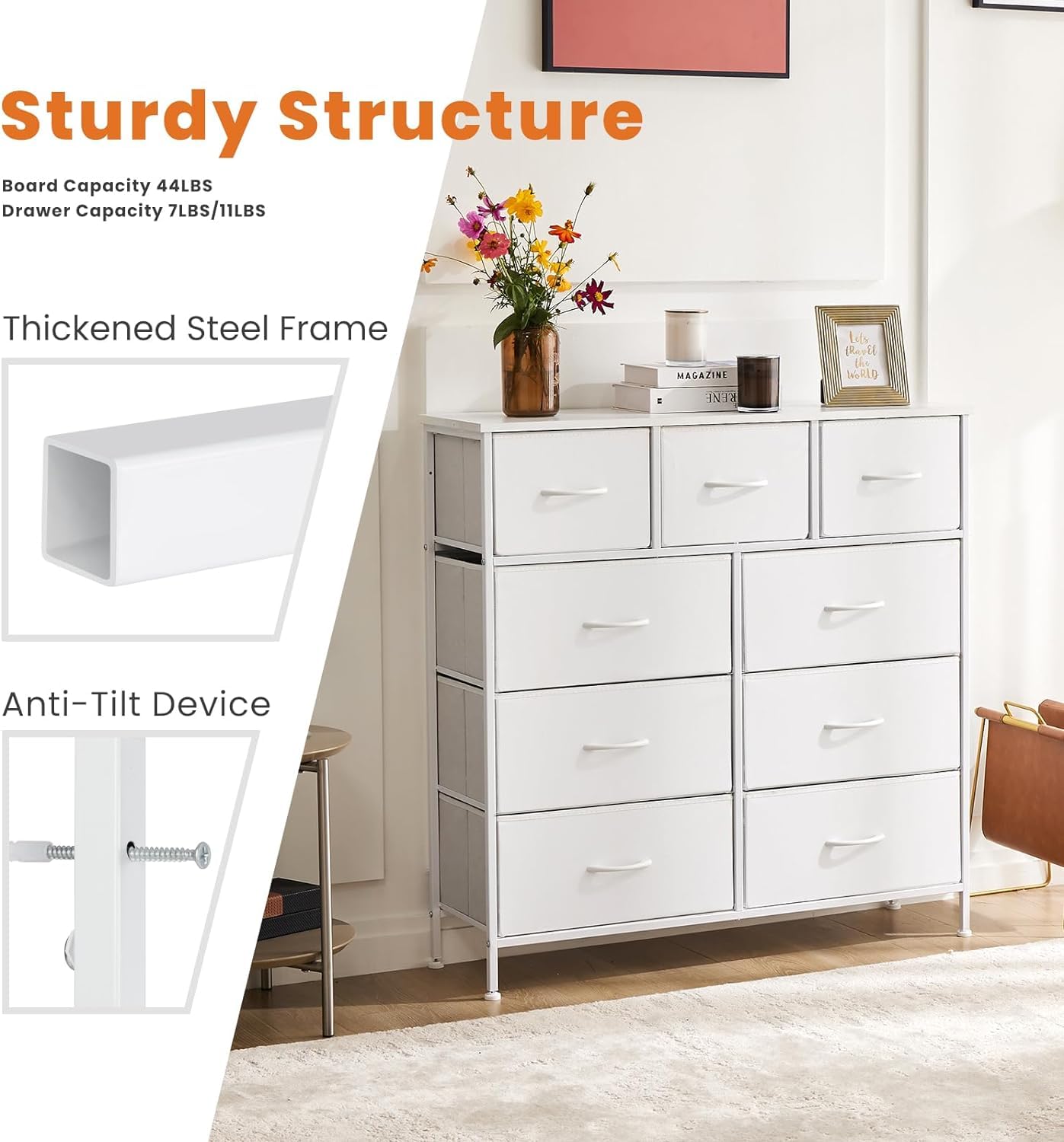 9-Drawer Fabric Dresser with Steel Frame & Wooden Top - Storage Organizer for Bedroom, Kids Room, Nursery, Closet & Entryway - Space-Saving Chest of Drawers with Fabric Bins for Clothes, Toys & Home Organization