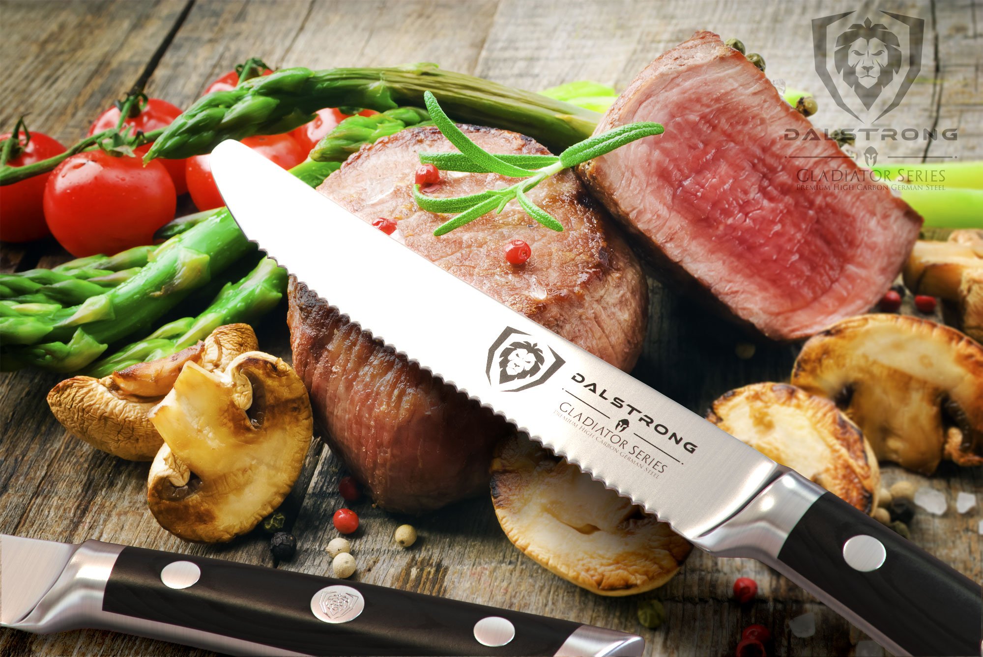 Dalstrong Gladiator Series Elite 4-Piece Steak Knives Set - Serrated German High-Carbon Steel Blades - Razor Sharp & NSF Certified - Perfect for Steak Dinners, BBQ Parties & Fine Dining Experiences
