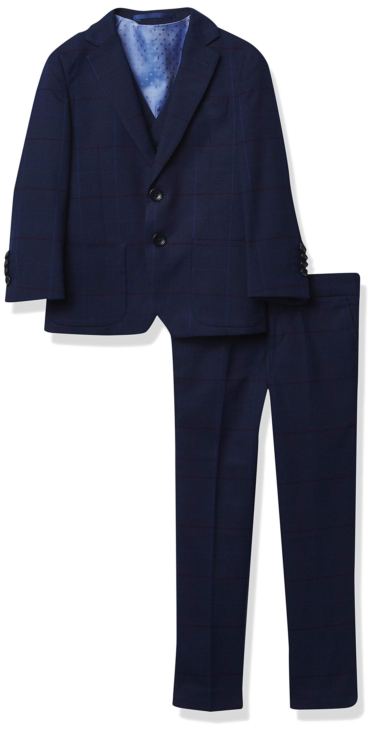 Isaac Mizrahi Boys' Slim Fit 3-Piece Multi Check Vested Suit in Navy - Size 5 | Formal Wear for Weddings, School Events & Special Occasions