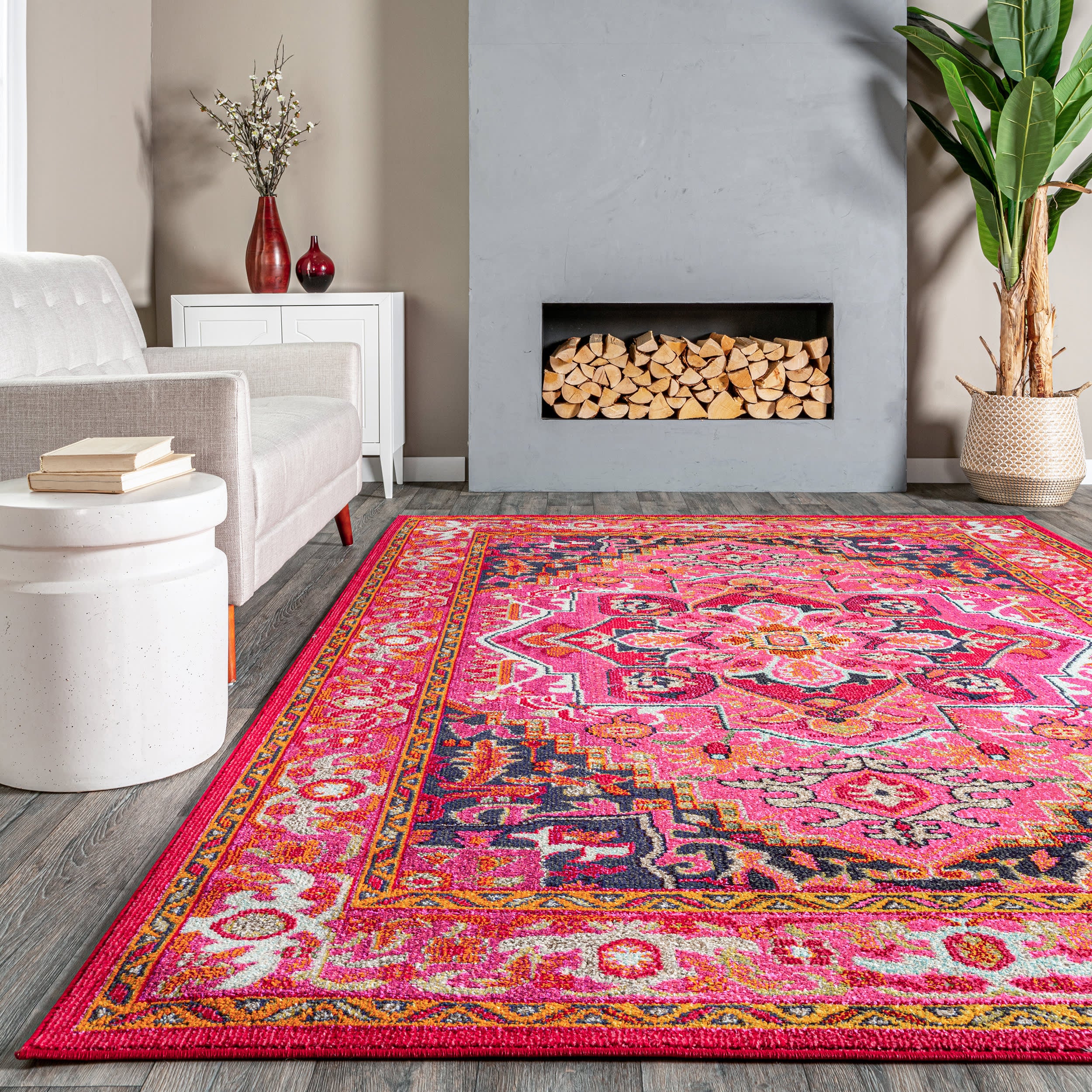 Violet Pink Center Medallion Rug – Elegant Floral Design for Living Room, Bedroom & Dining Area Decor