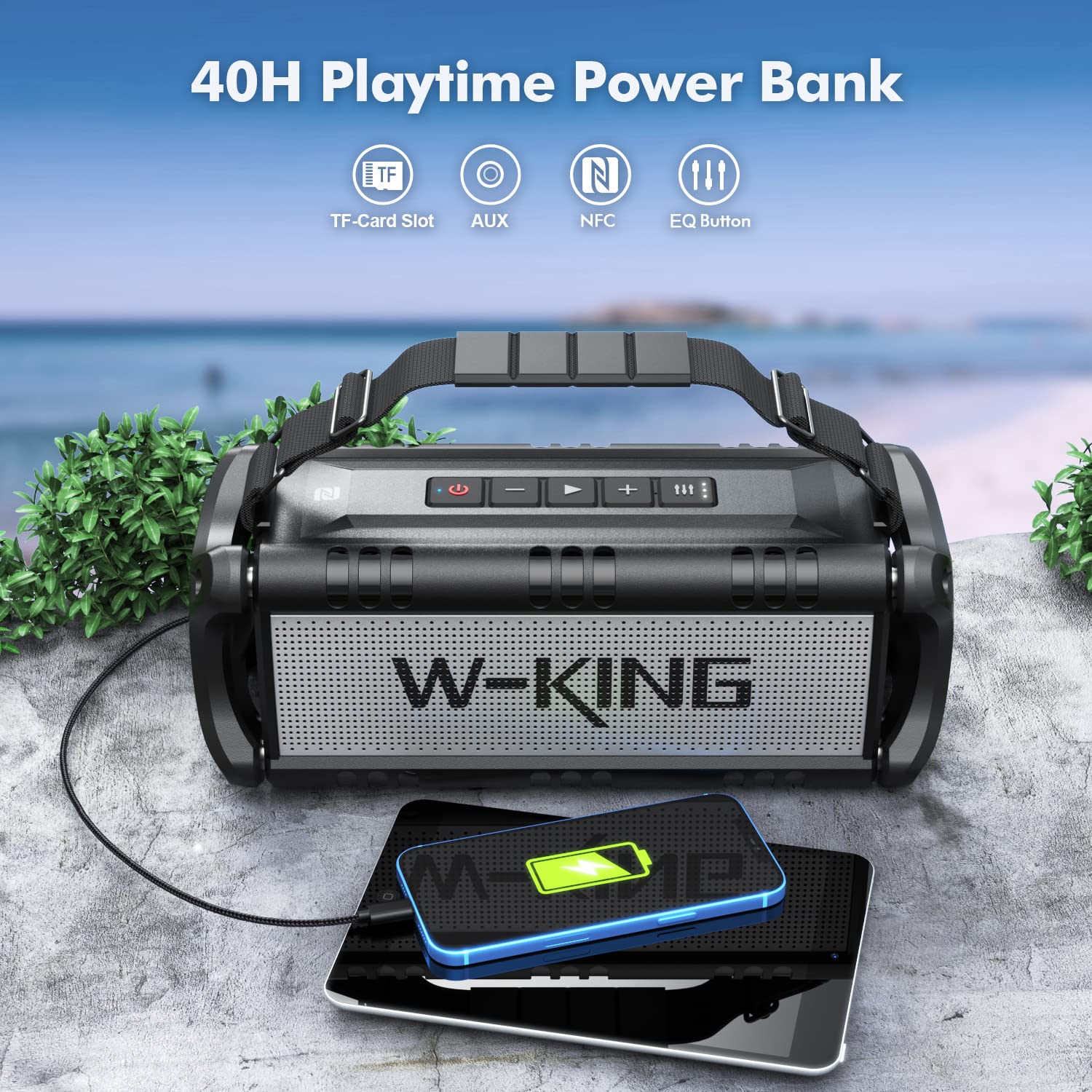 W-King 90W Peak Portable Bluetooth Speaker with Deep Bass & IPX6 Waterproof - Wireless Outdoor Boombox with 40H Playtime, Subwoofer, EQ & Stereo Pairing for Camping, Beach, Backyard, Pool Parties & Travel Adventures