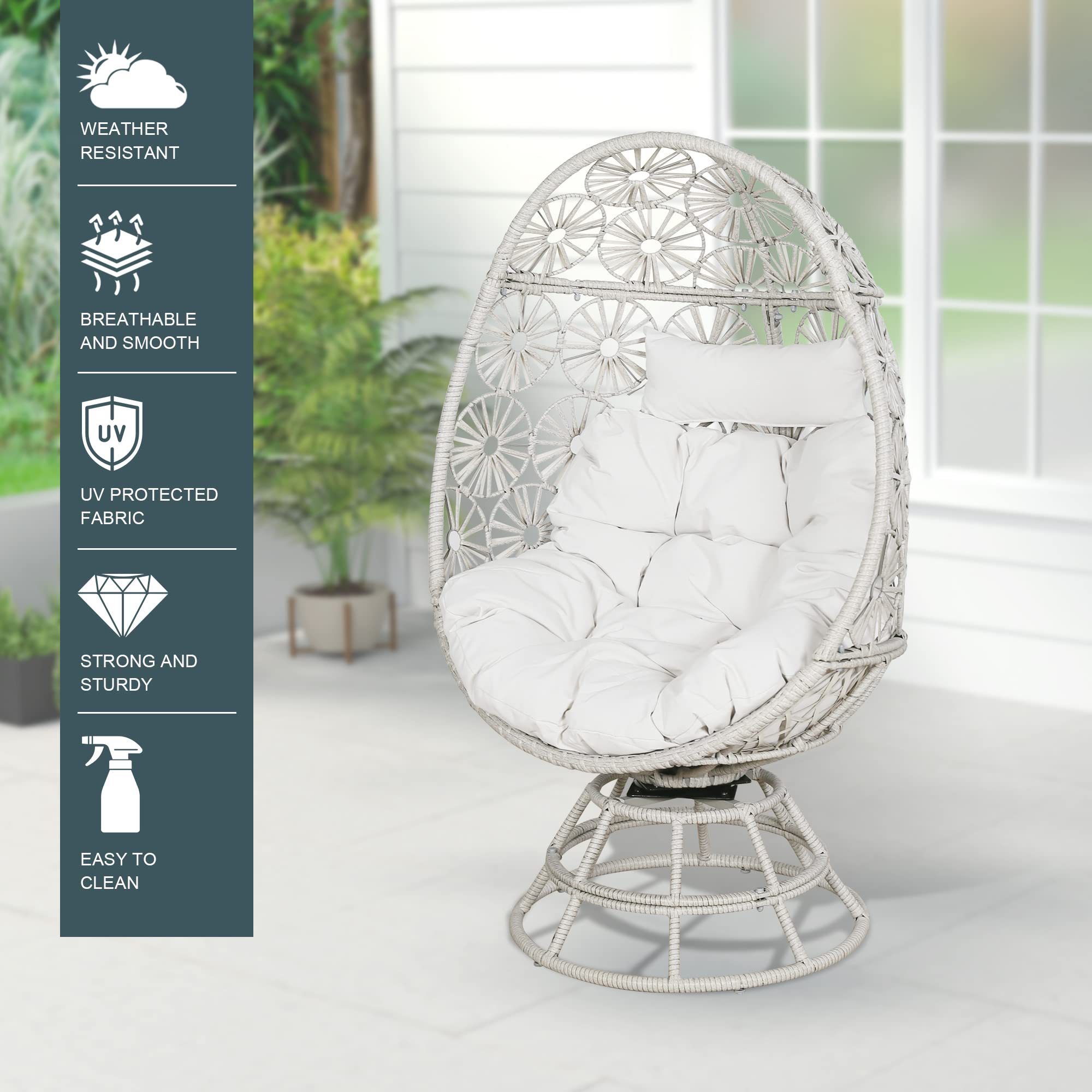 360-Degree Swivel Wicker Egg Chair with Beige Cushions - Outdoor Rattan Hanging Chair for Patio, Garden, Lawn & Bedroom - Perfect for Relaxing, Reading or Sunbathing