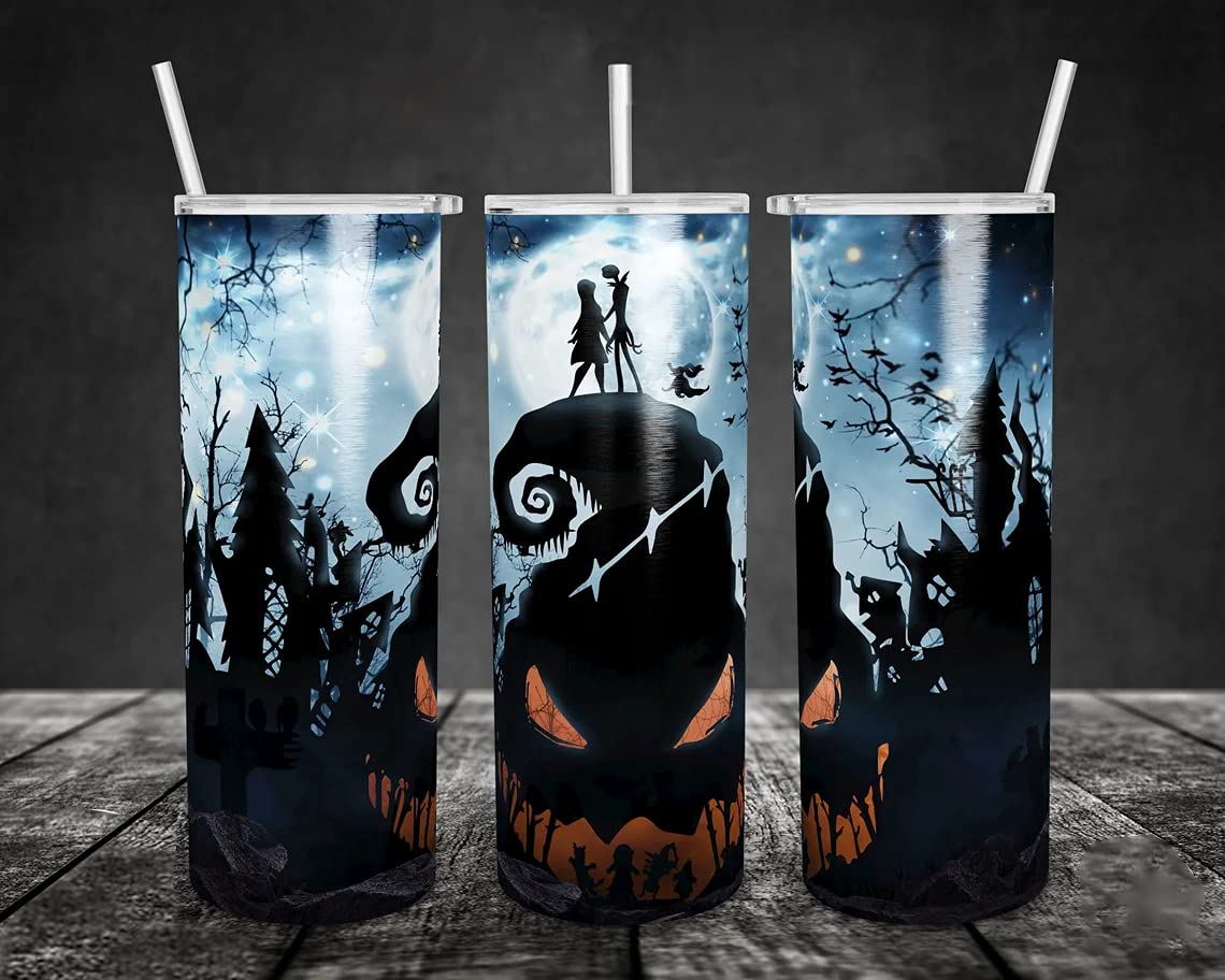 Nightmare Before Christmas Skinny Tumbler 20oz - Insulated Stainless Steel Travel Mug with Lid - Perfect Gift for Couples, Wife, Husband & Movie Lovers - Great for Coffee, Tea & Hot/Cold Drinks at Home, Office or Travel